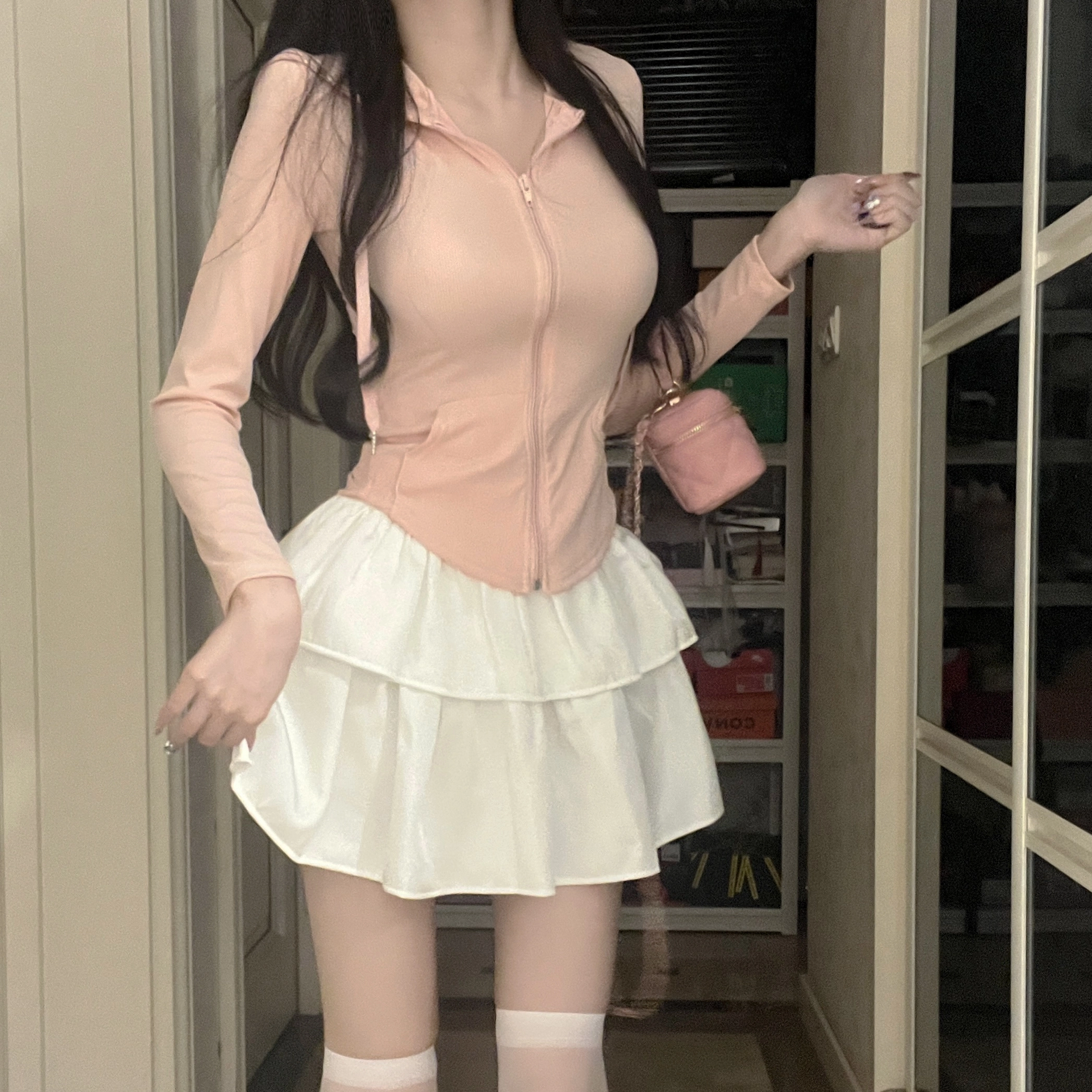 花山家的猫 纯色长袖连帽上衣高腰荷叶裙制服套装 女款