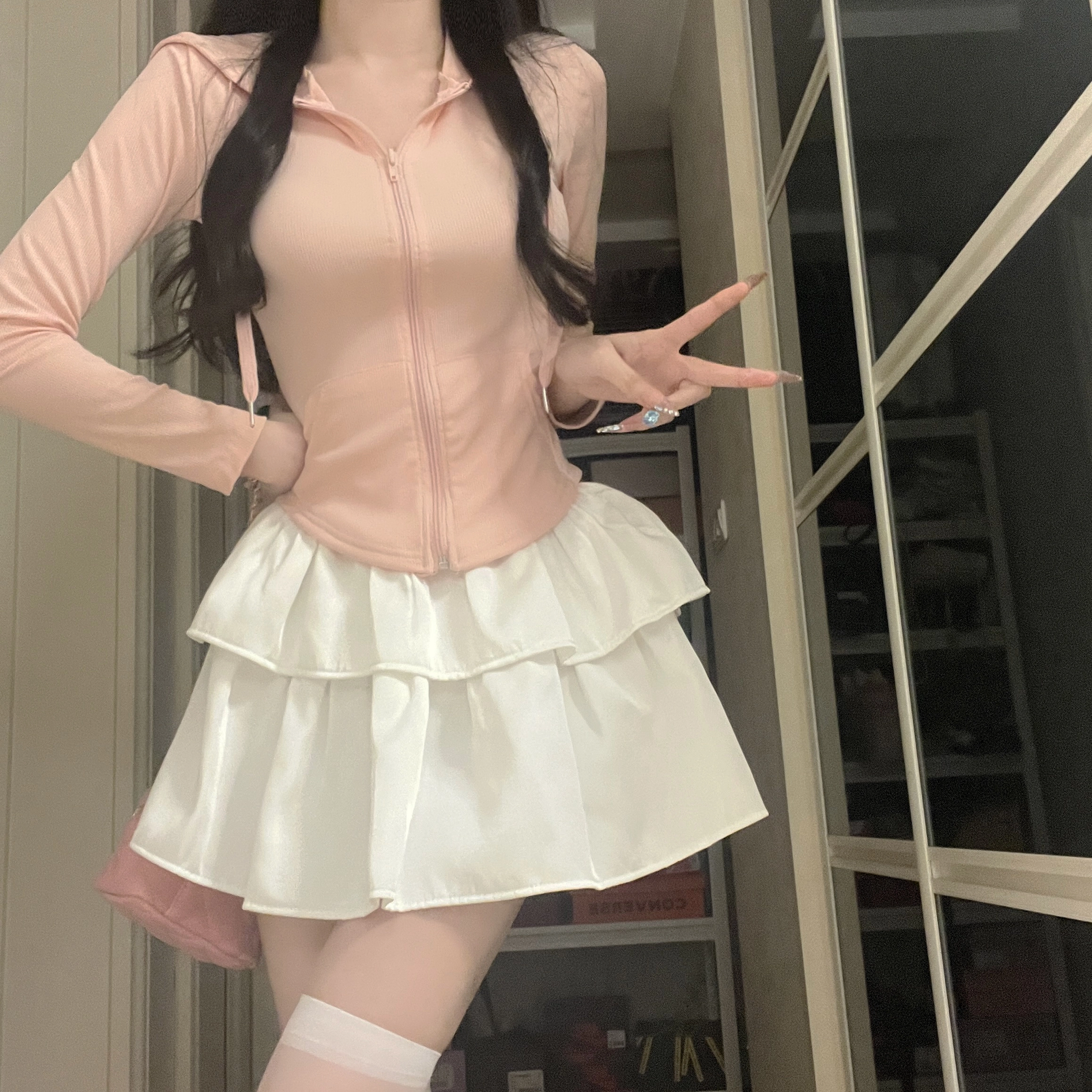 花山家的猫 纯色长袖连帽上衣高腰荷叶裙制服套装 女款