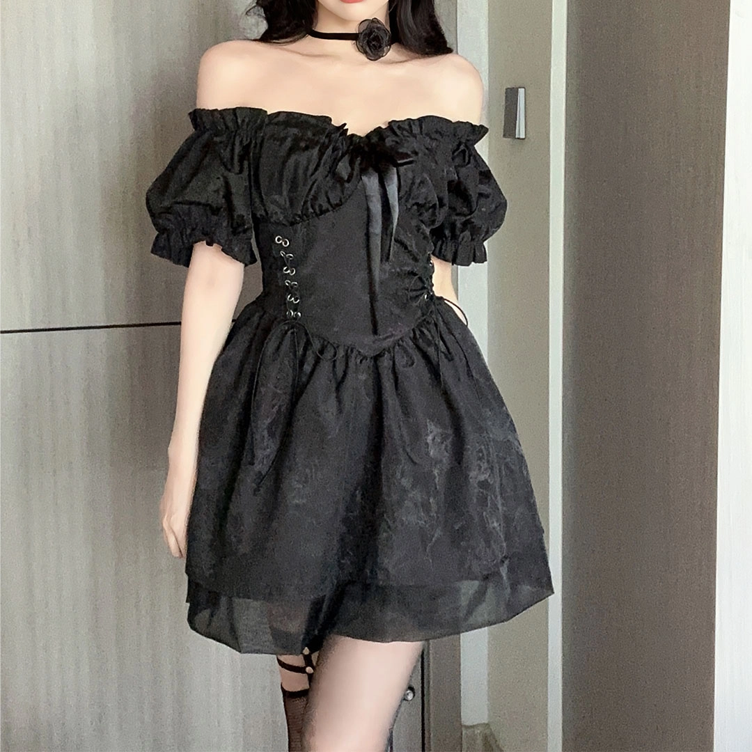 纯色方领泡泡短袖连衣裙 女款 黑色