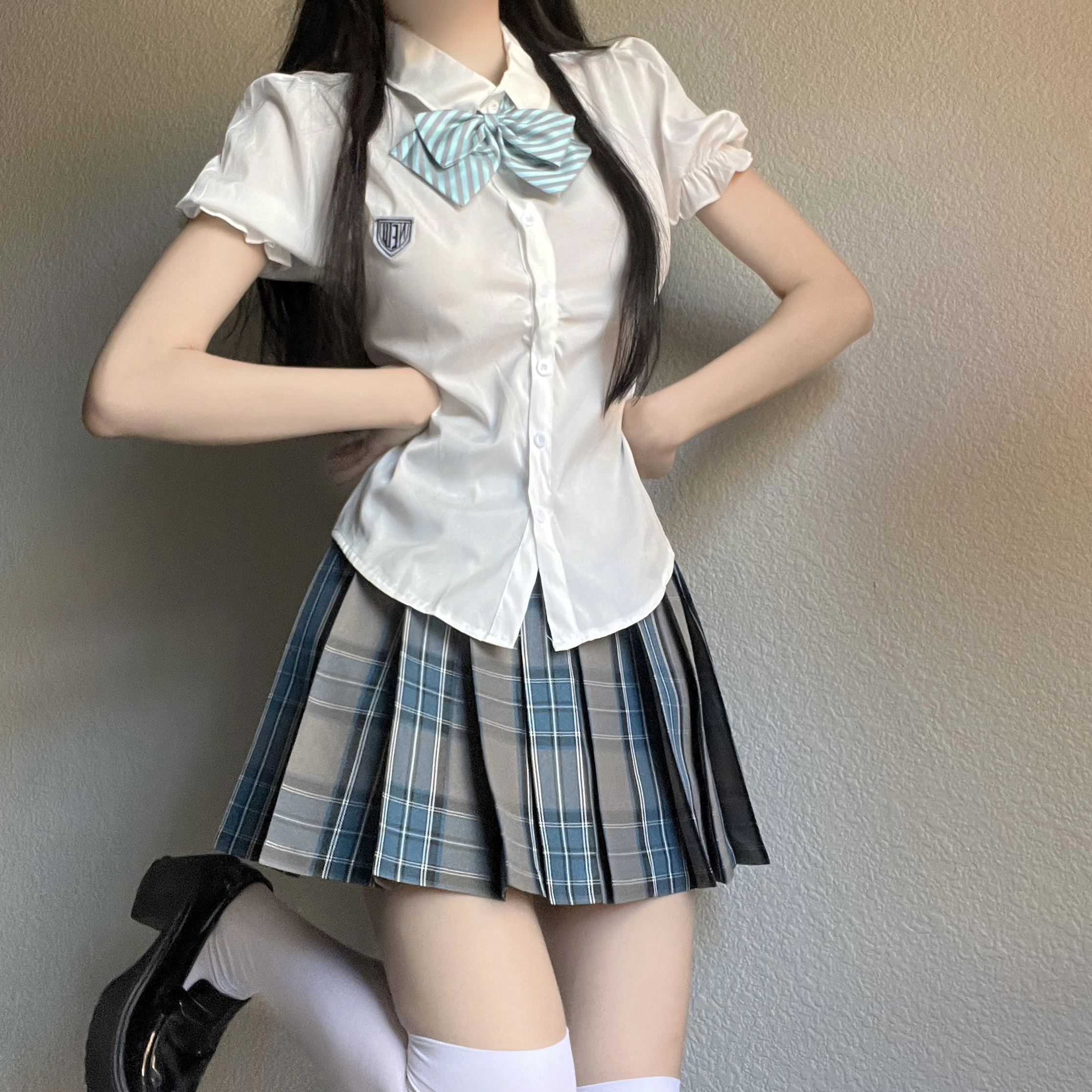花山家的猫 泡泡袖收腰领结短袖衬衫制服 女款