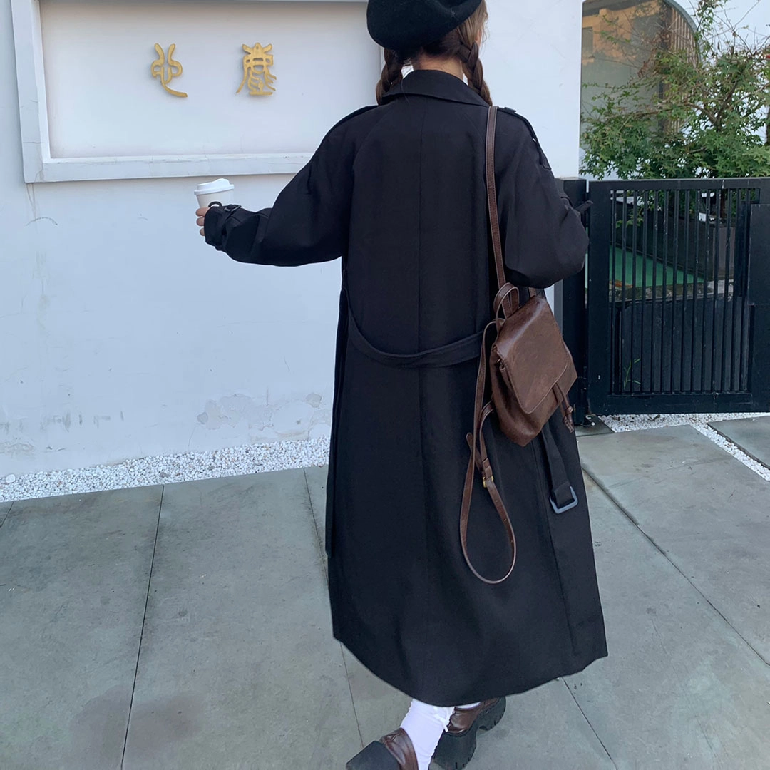 花山家的猫 纯色翻领双排扣黑色风衣长袖衬衫套头马甲短裙制服 女款
