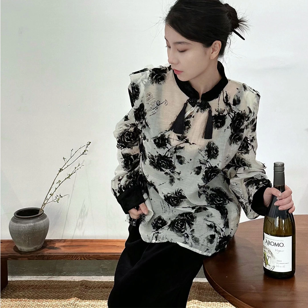 花山家的猫 花卉印花宽松立领长袖衬衫 女款 白色