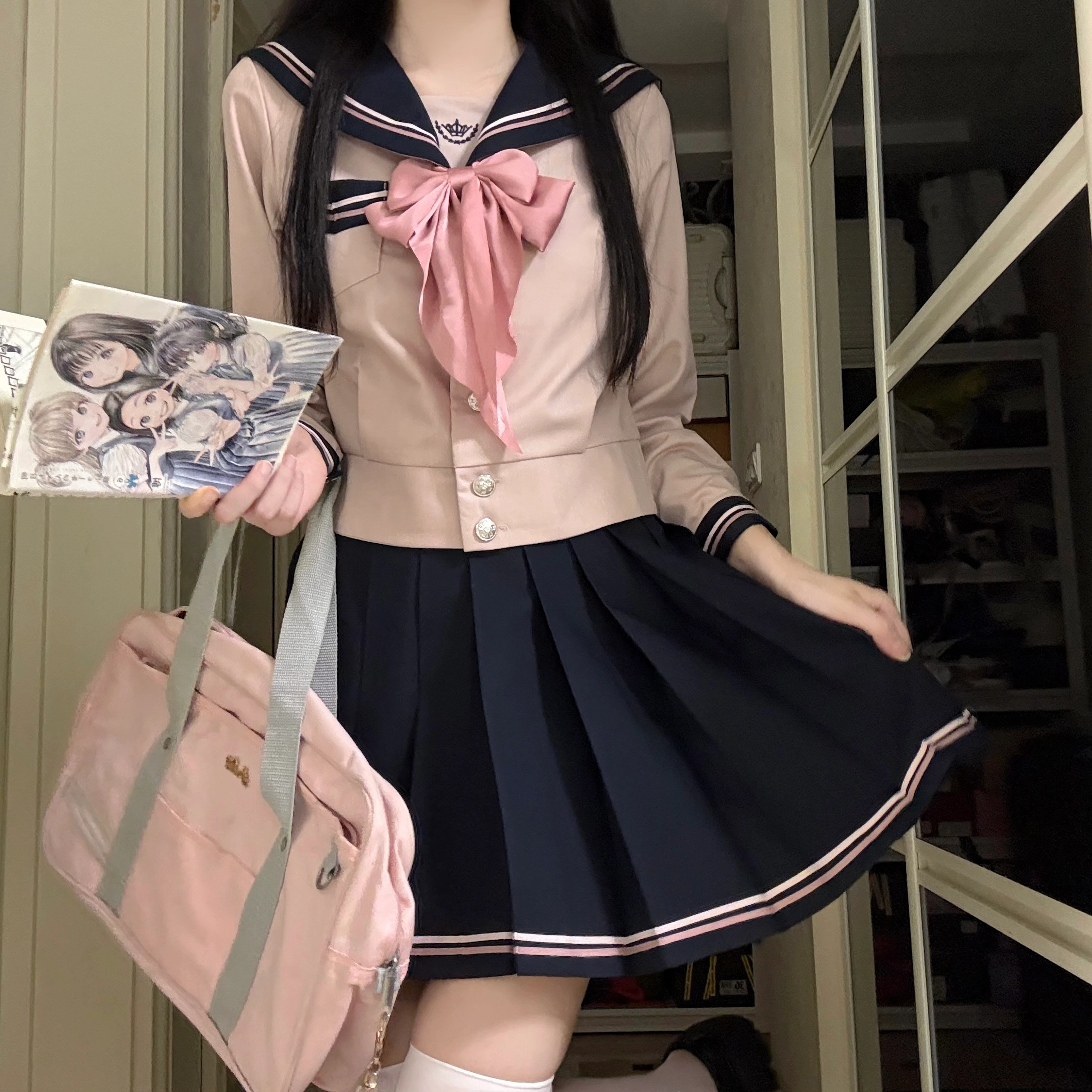 花山家的猫 海军领长袖水手服上衣百褶裙配领结制服 女款