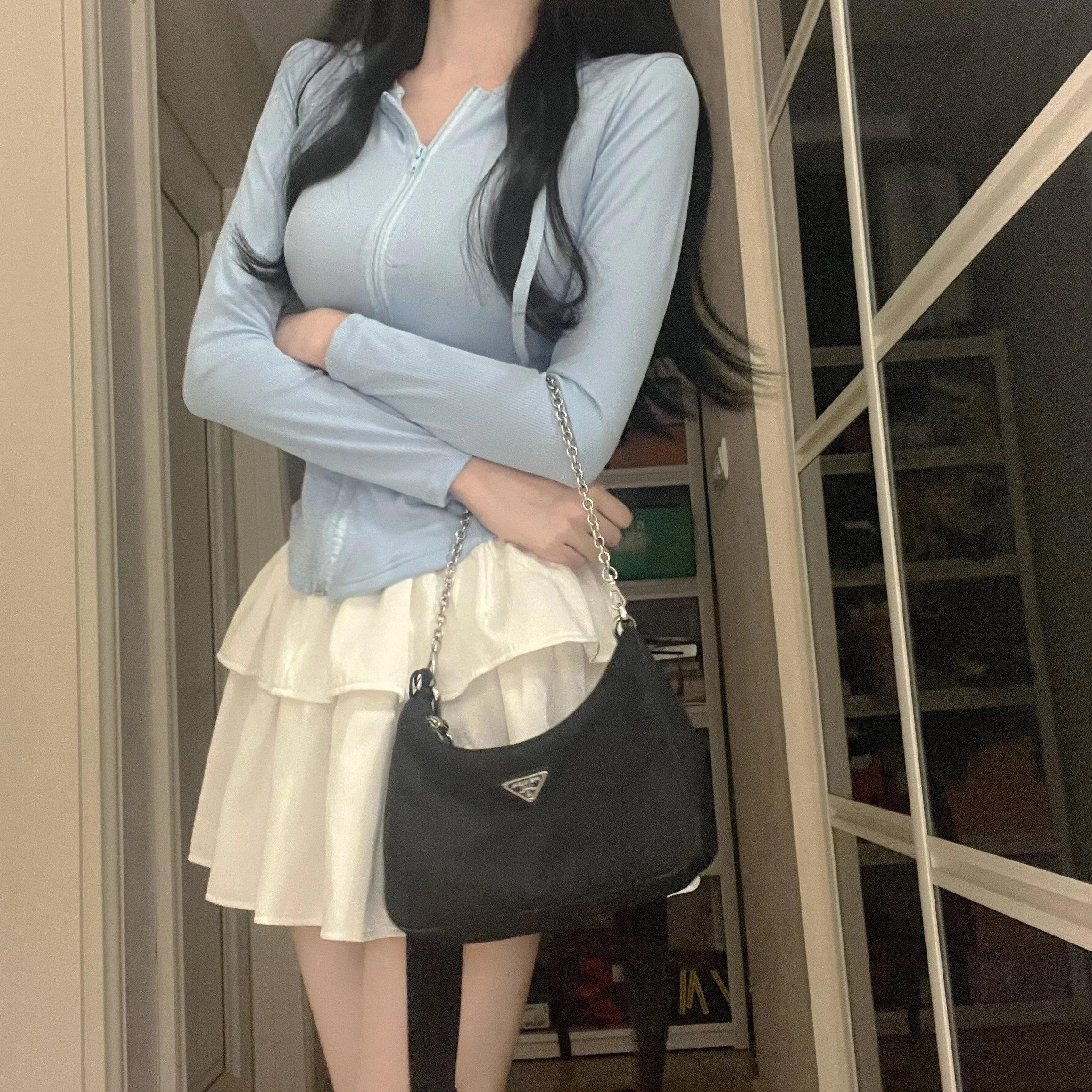 花山家的猫 纯色长袖连帽上衣高腰荷叶裙制服套装 女款
