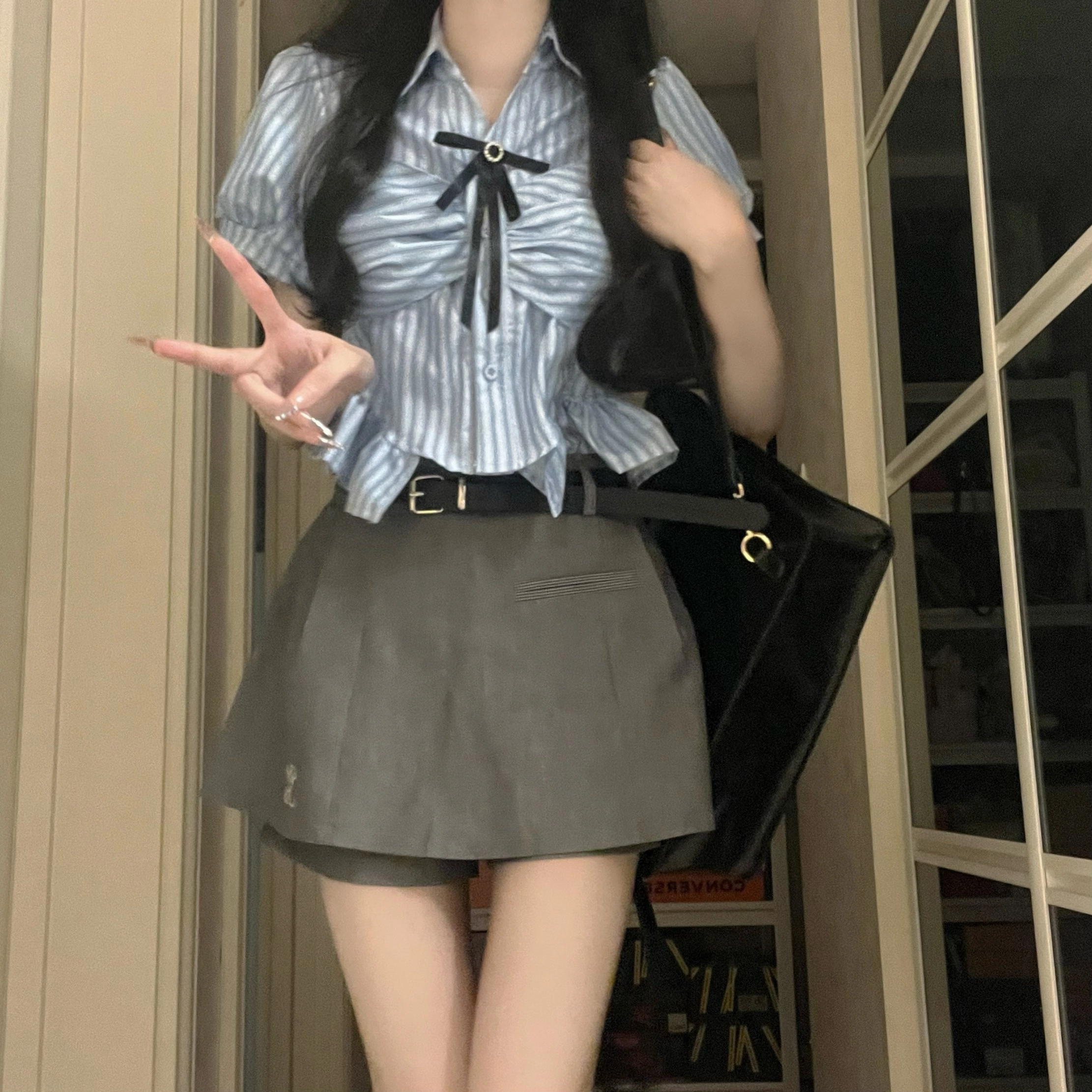 花山家的猫 条纹尖领泡泡袖制服上装 女款 天蓝色