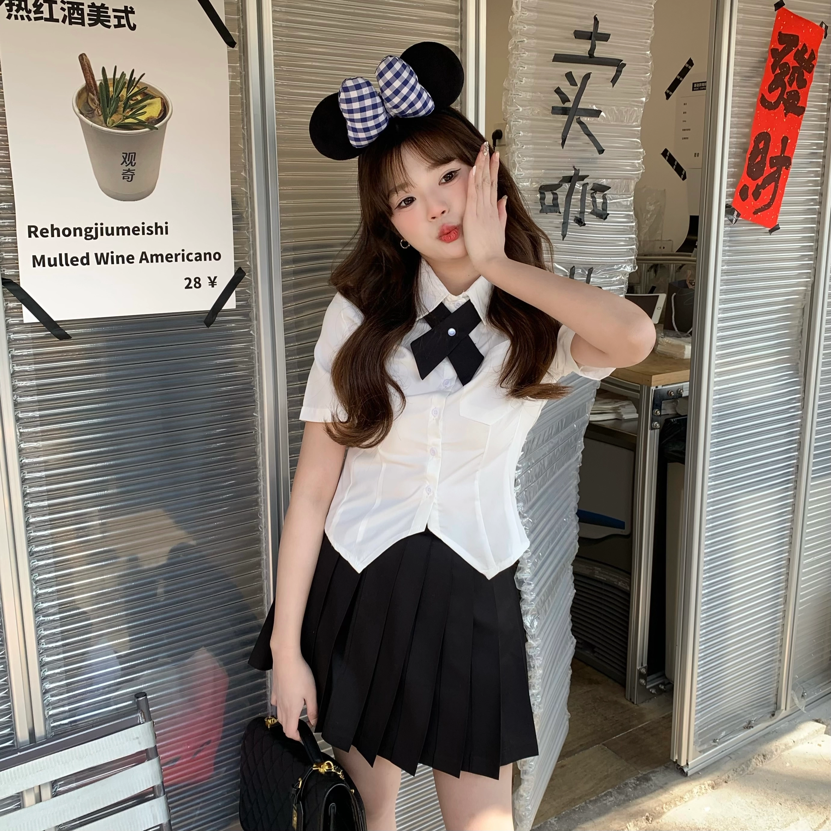 花山家的猫 纯色尖领不规则短袖衬衫百褶短裙制服 女款