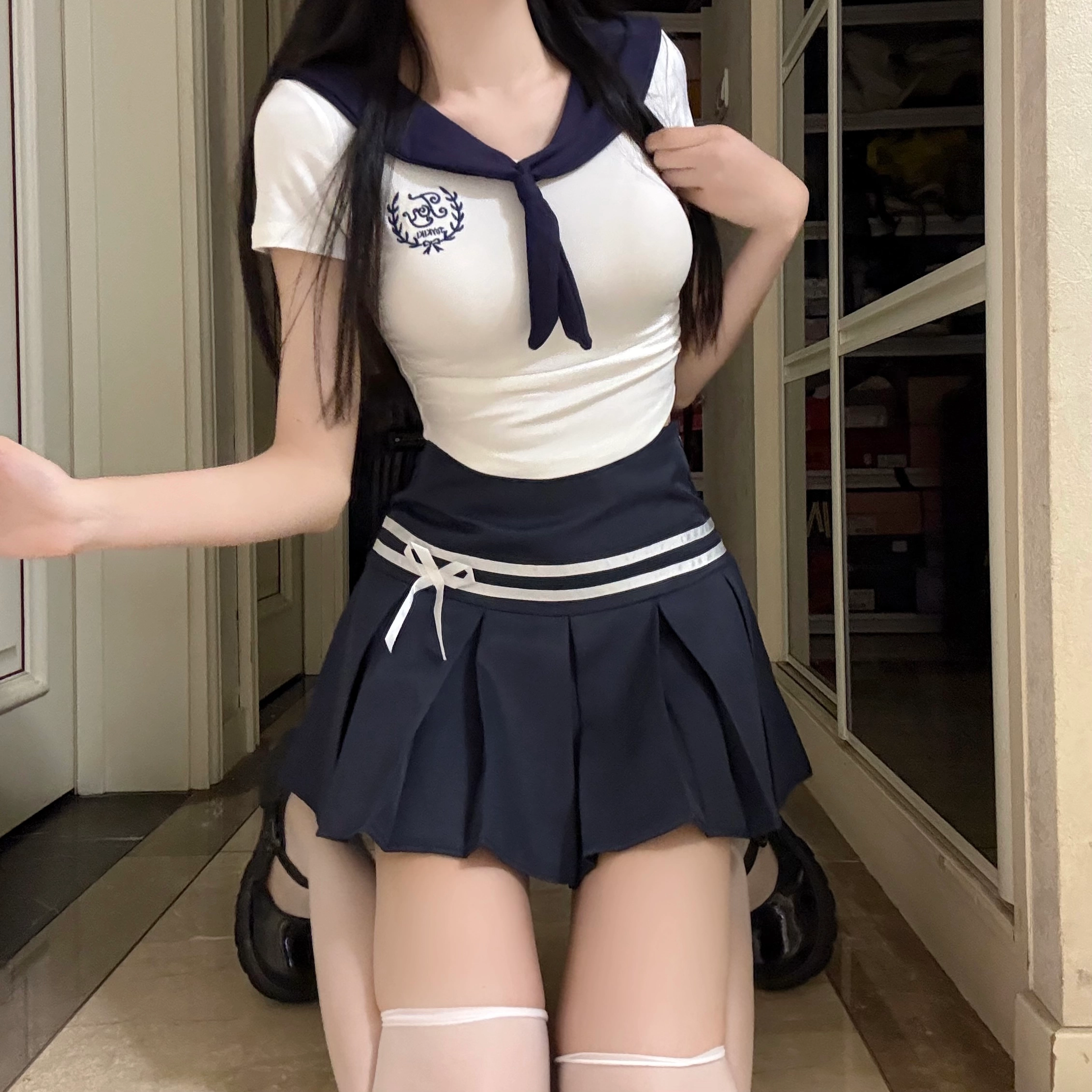 花山家的猫 学院风海军领刺绣短袖配高腰条纹裙制服 女款 藏青领白上衣/藏青百褶裙