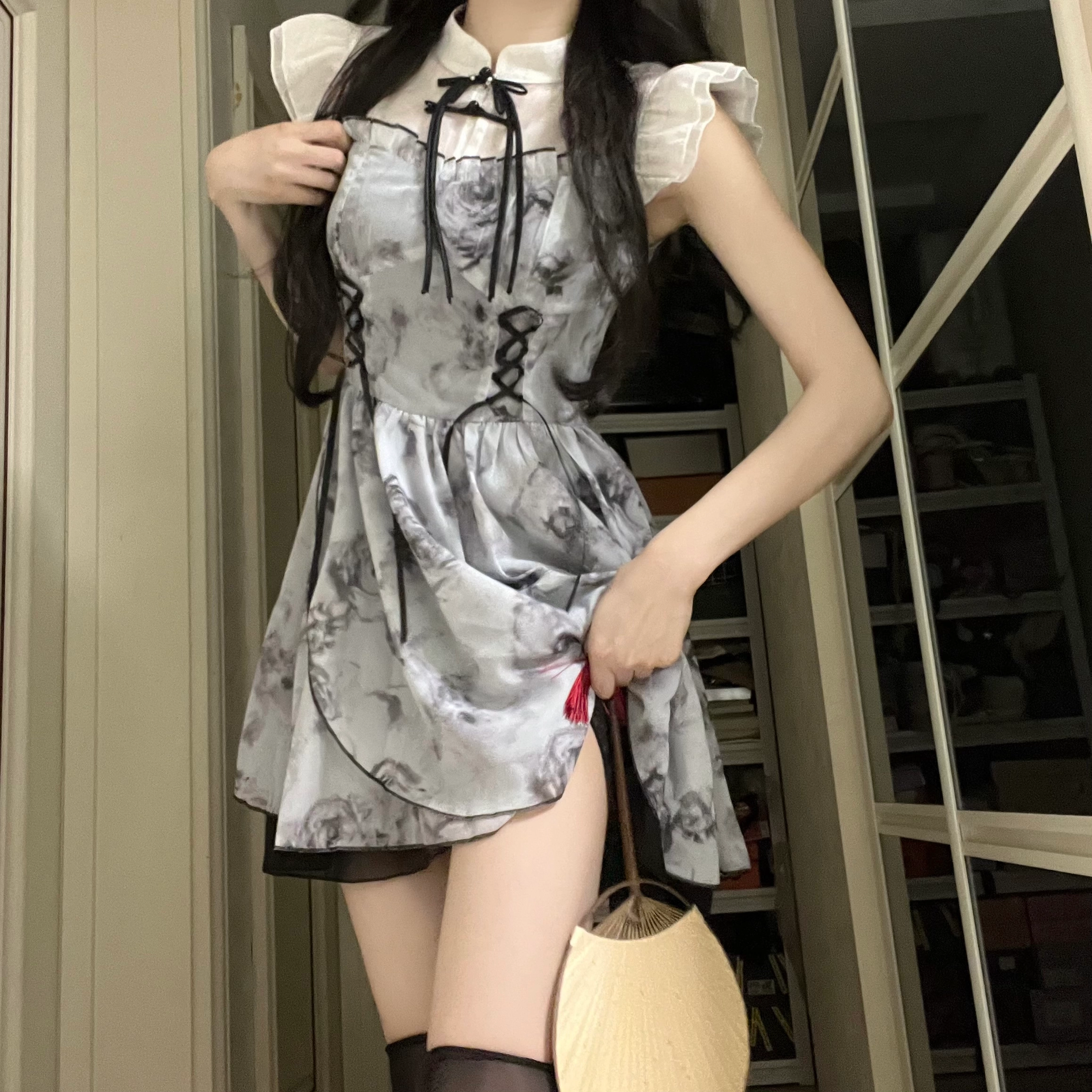 花山家的猫 新中式套头中腰短款短袖连衣裙 女款 水墨色