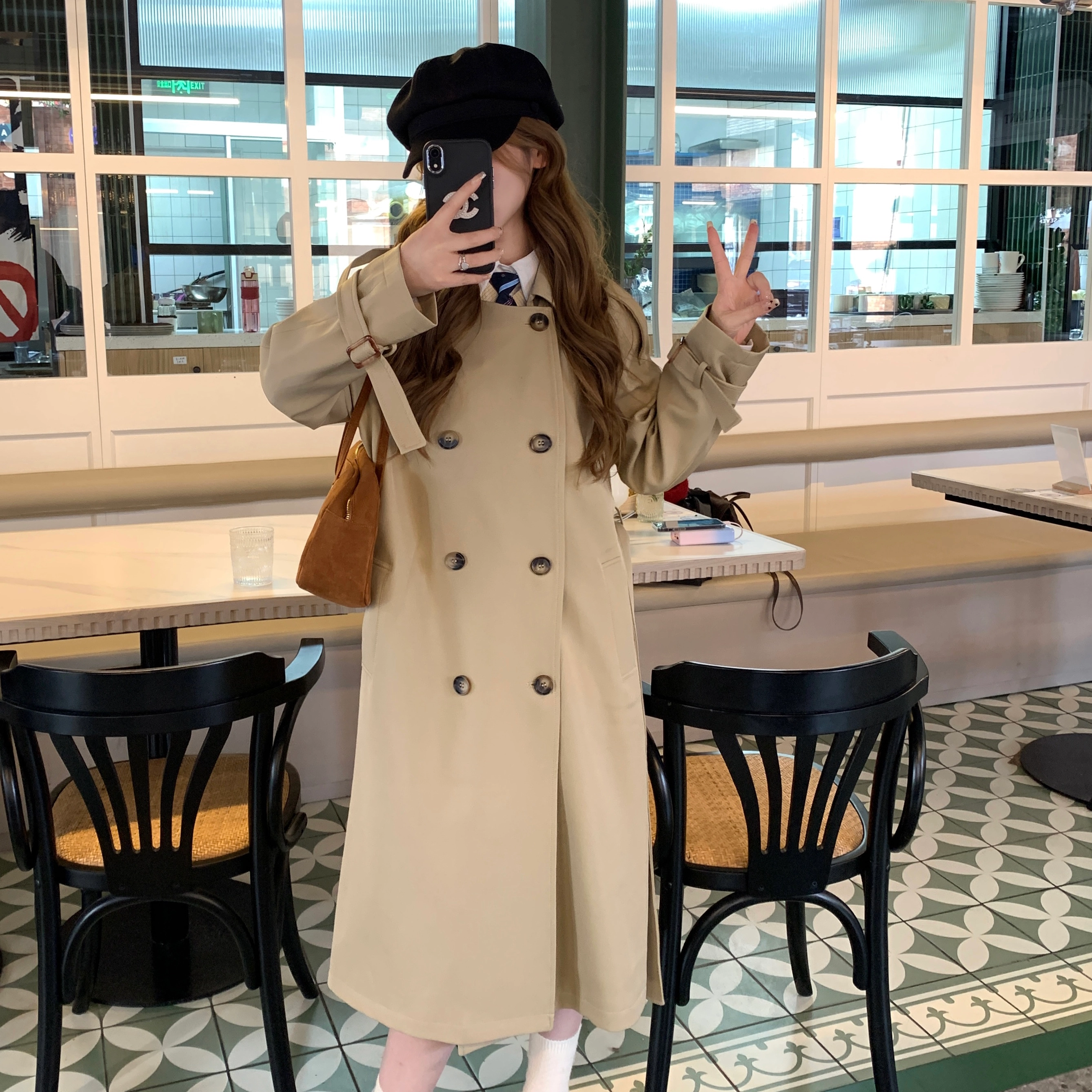 花山家的猫 双排扣纯色大衣 女款 卡其色