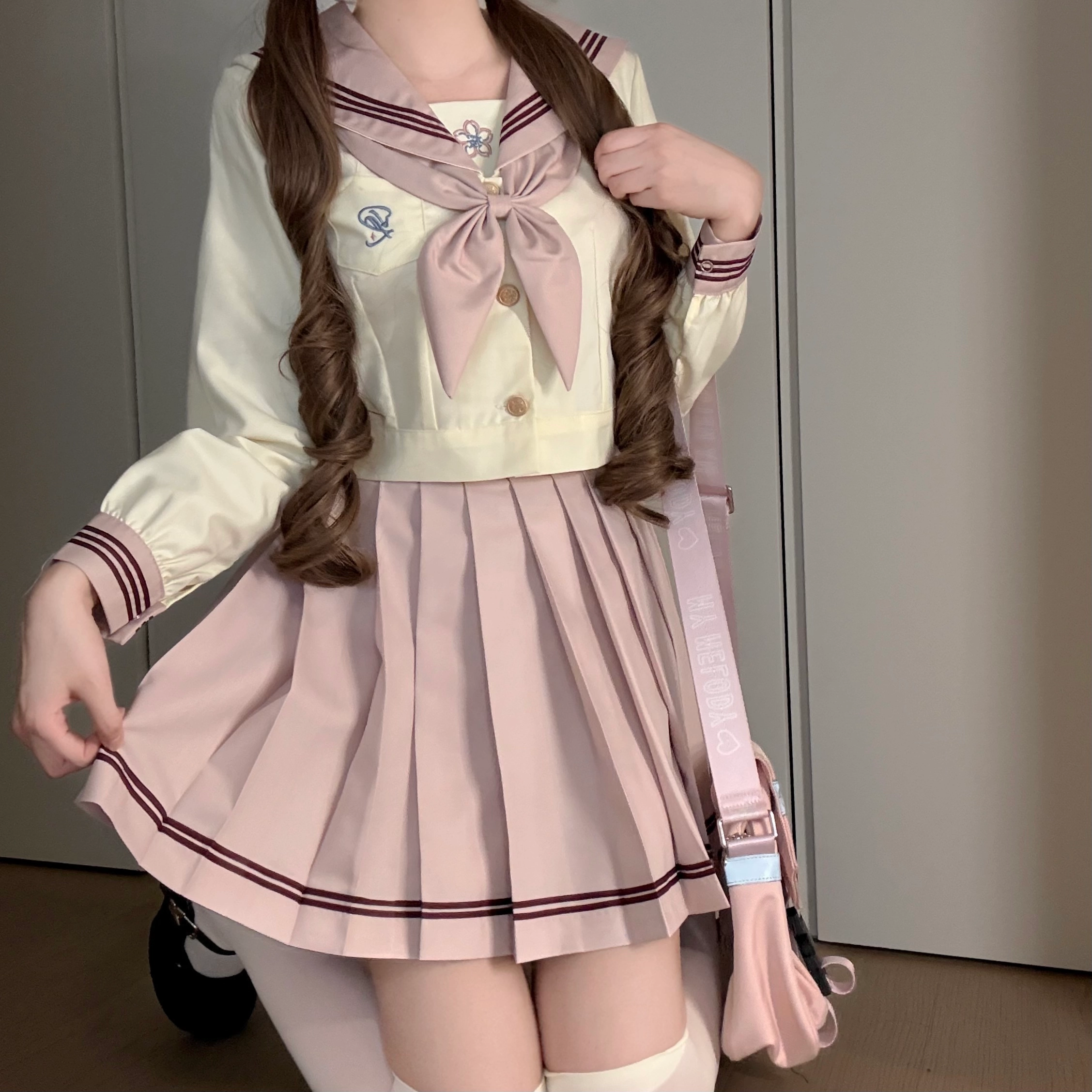 花山家的猫 日系甜美海军领蝴蝶结刺绣长袖制服 女款