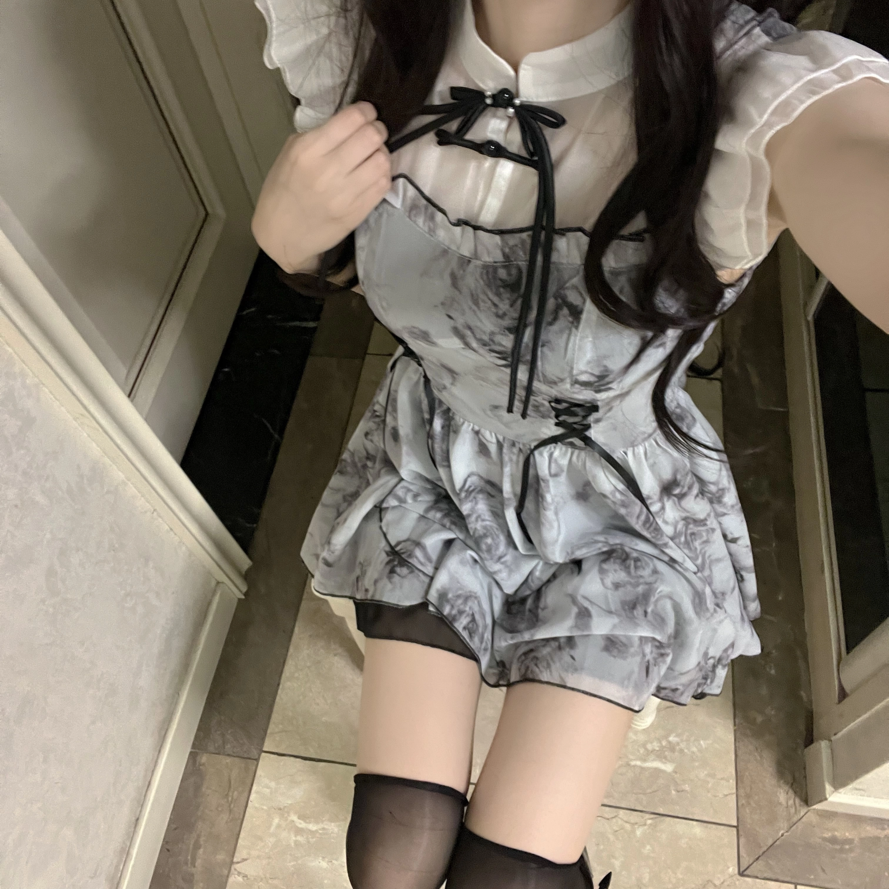 花山家的猫 新中式套头中腰短款短袖连衣裙 女款 水墨色