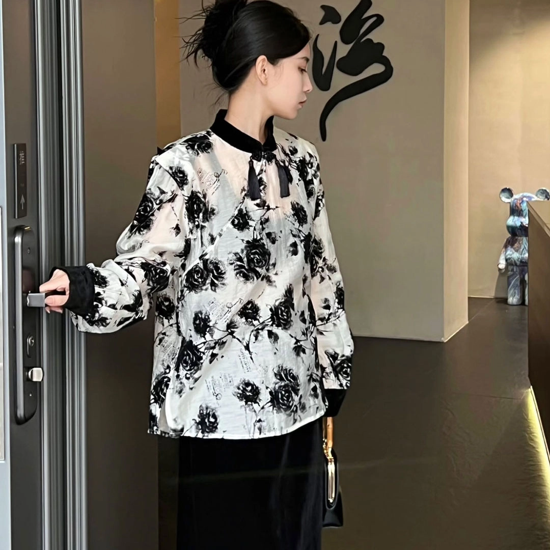 花山家的猫 花卉印花宽松立领长袖衬衫 女款 白色