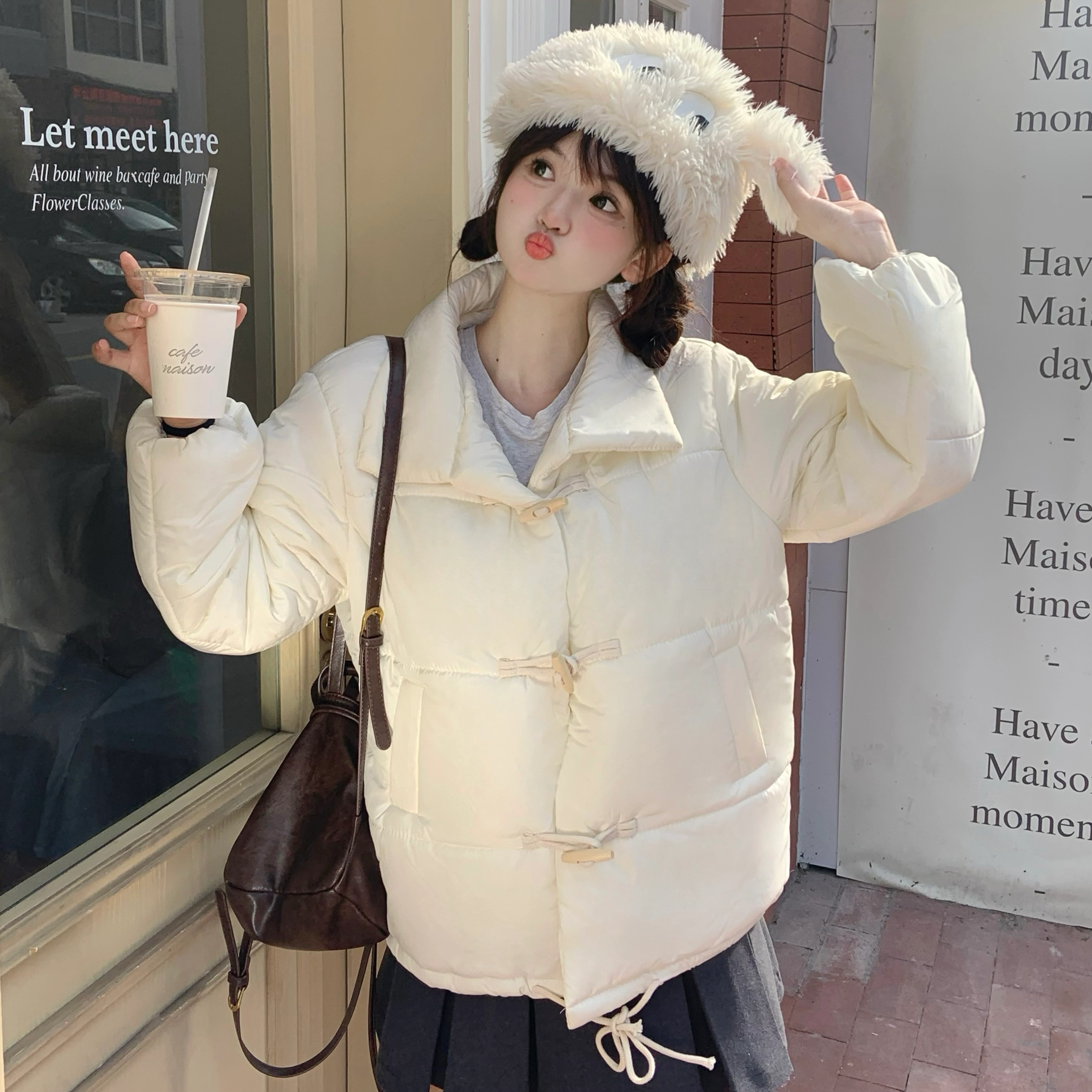 花山家的猫 纯色加厚短款牛角扣棉服高腰百褶短裙制服 女款