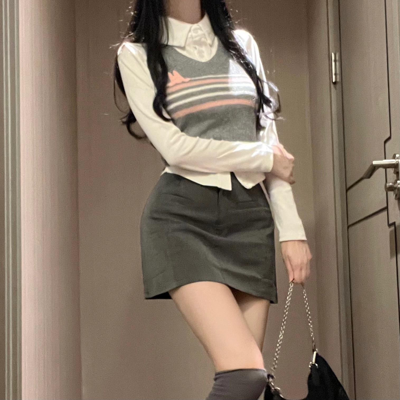 花山家的猫 学院风条纹针织毛衣衬衫包臀裙制服 女款 三件套