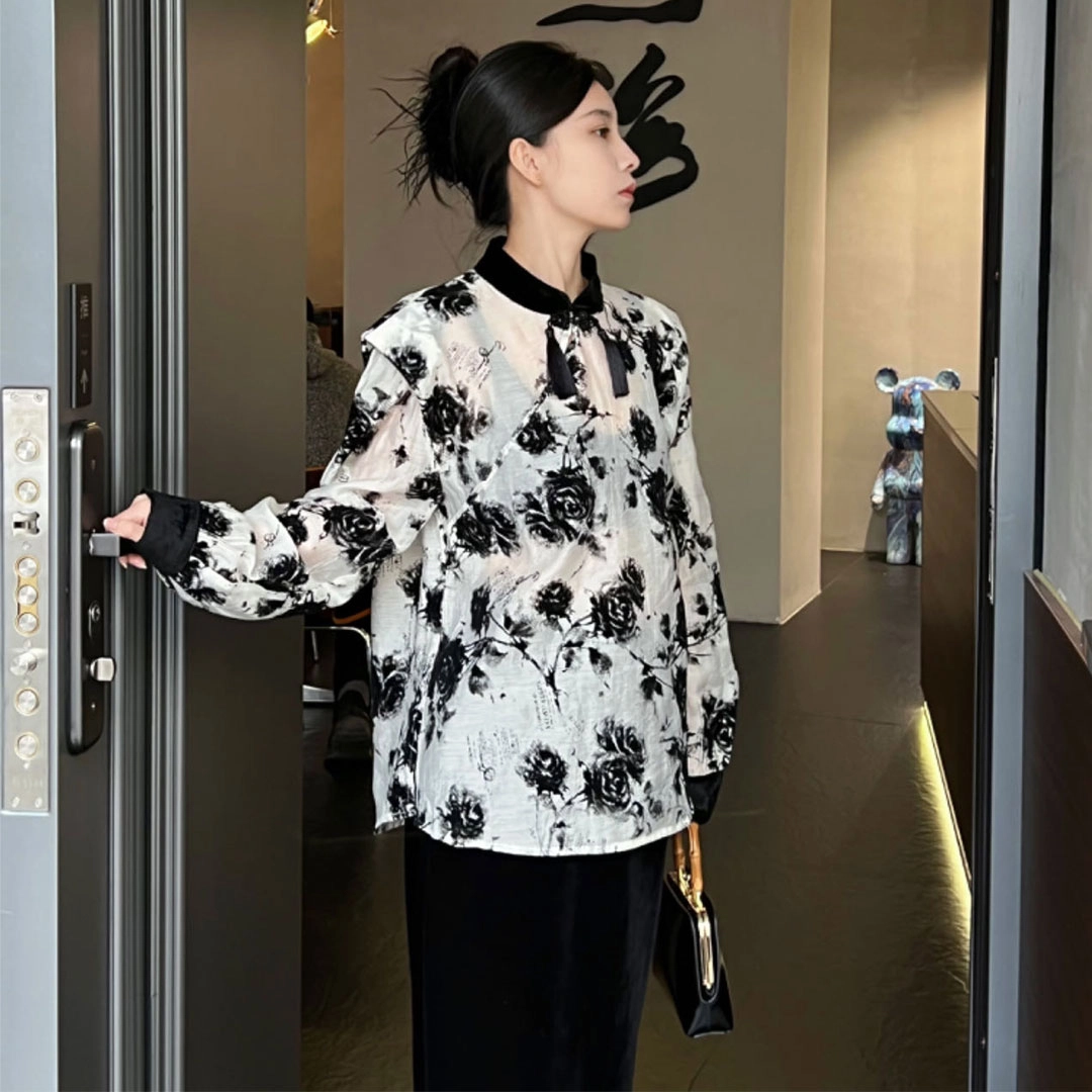 花山家的猫 花卉印花宽松立领长袖衬衫 女款 白色