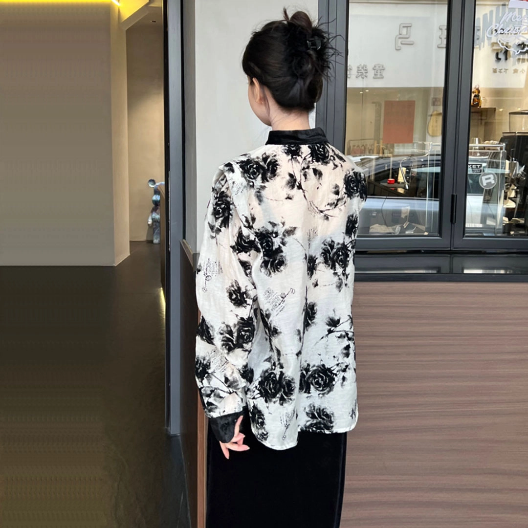 花山家的猫 花卉印花宽松立领长袖衬衫 女款 白色