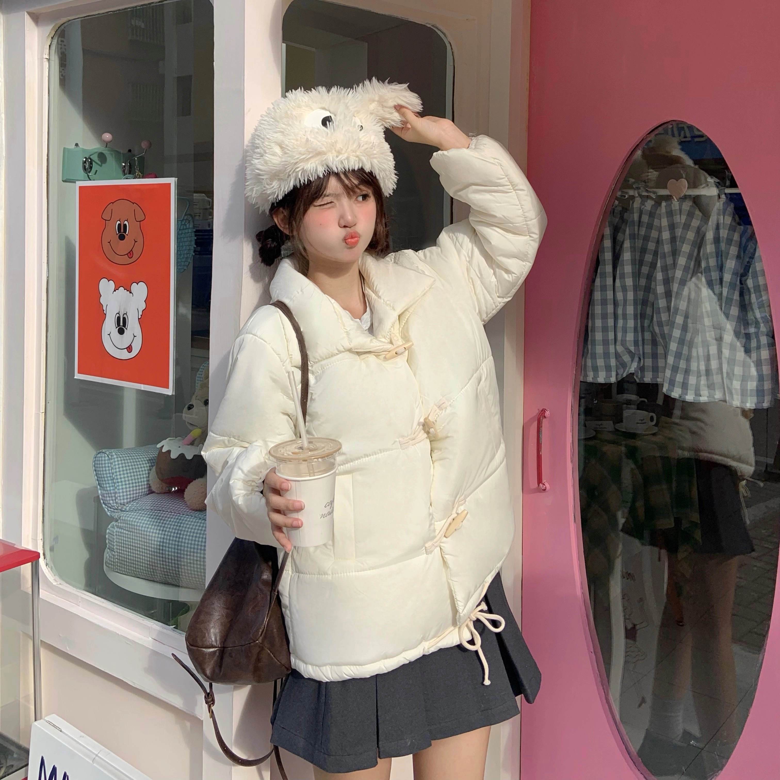 花山家的猫 纯色加厚短款牛角扣棉服高腰百褶短裙制服 女款