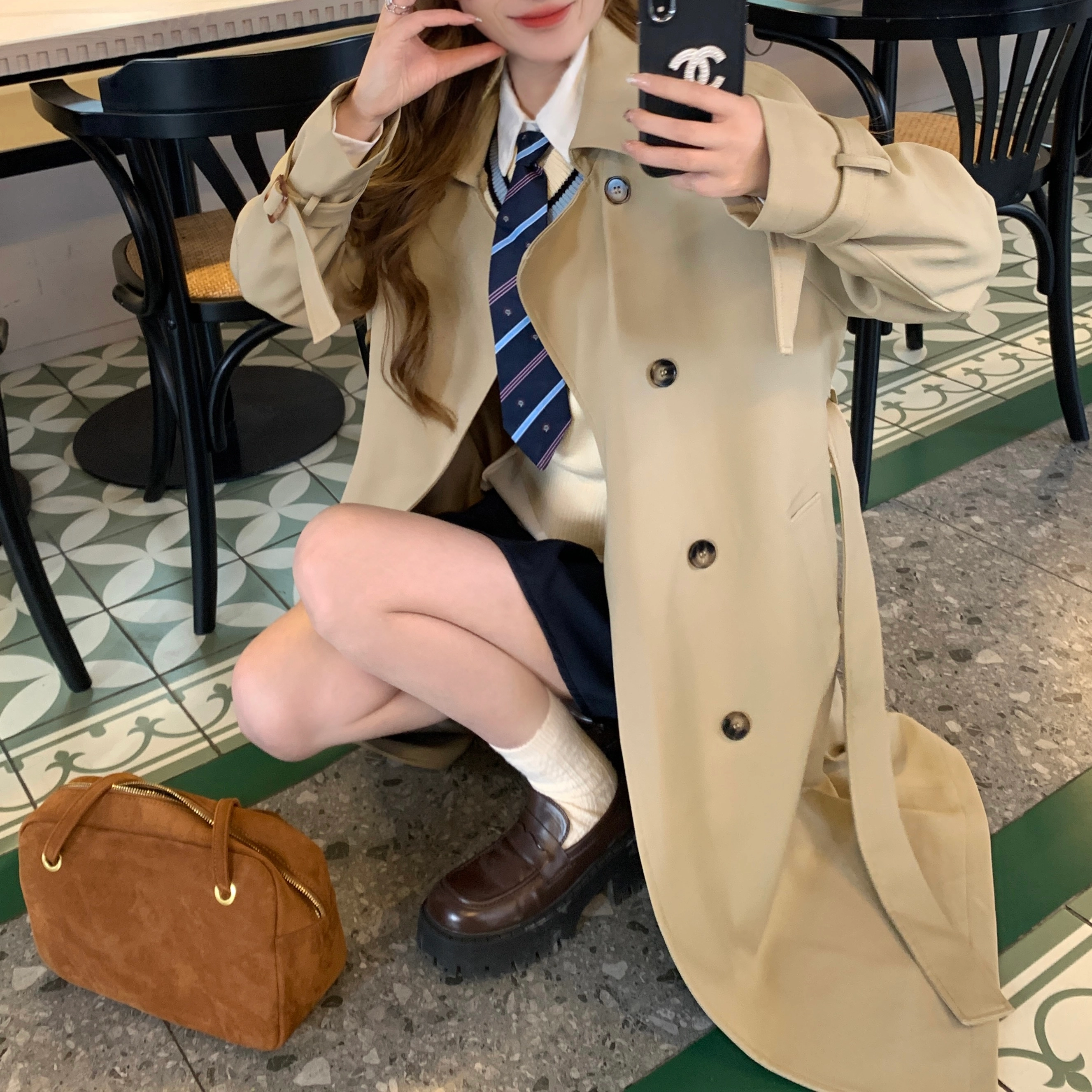 花山家的猫 双排扣纯色大衣 女款 卡其色