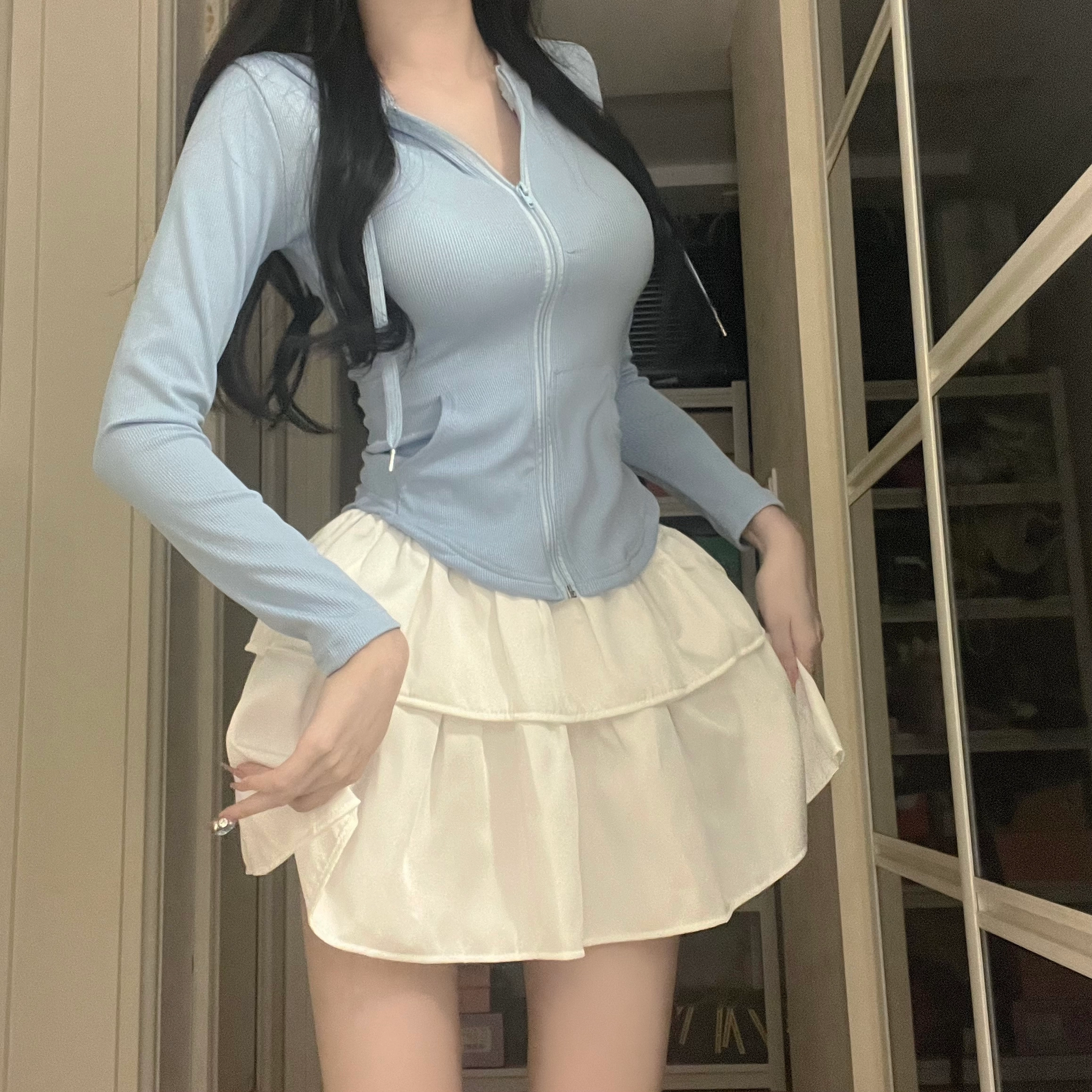 花山家的猫 纯色长袖连帽上衣高腰荷叶裙制服套装 女款