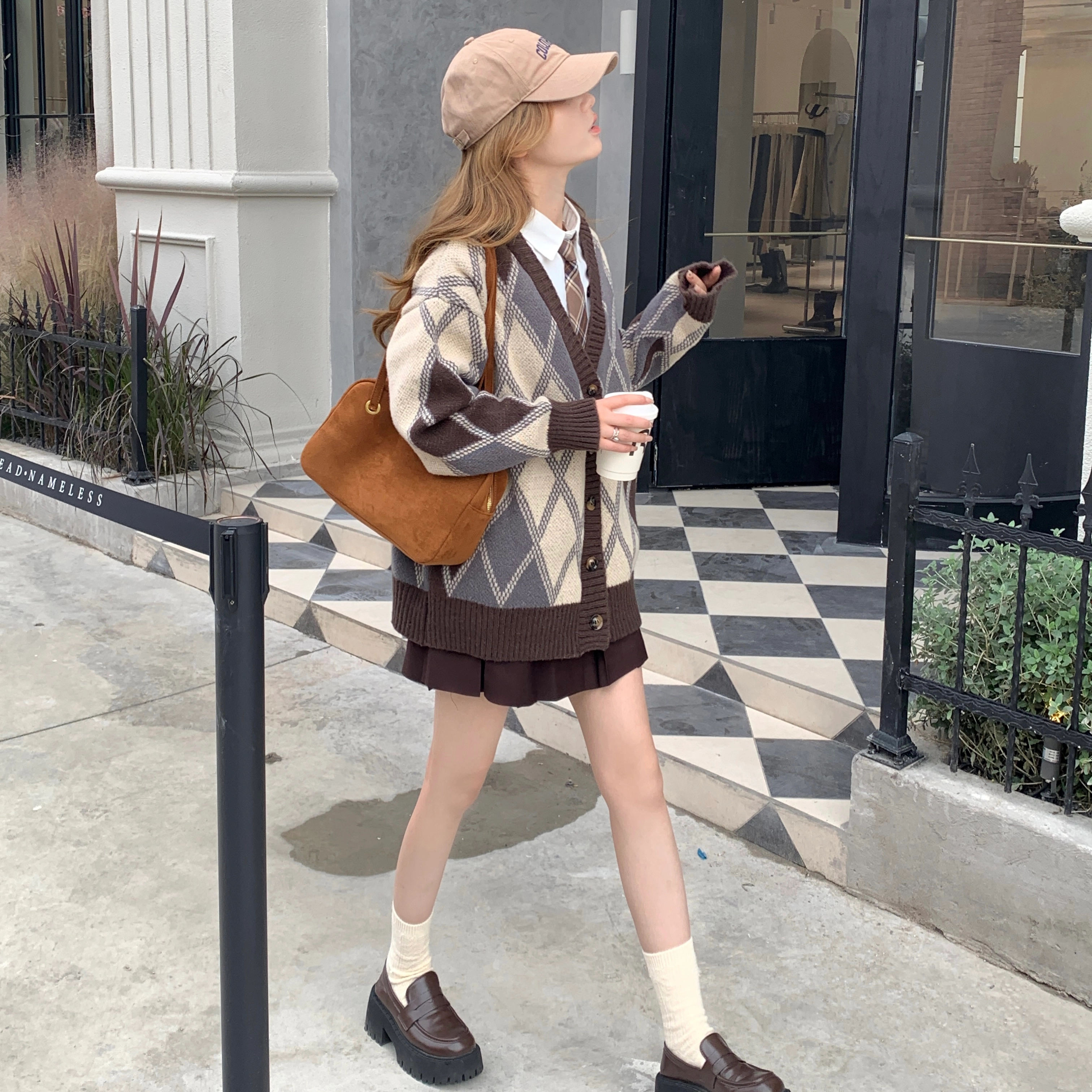 花山家的猫 排扣毛衣开衫长袖衬衫配格子领带制服 女款