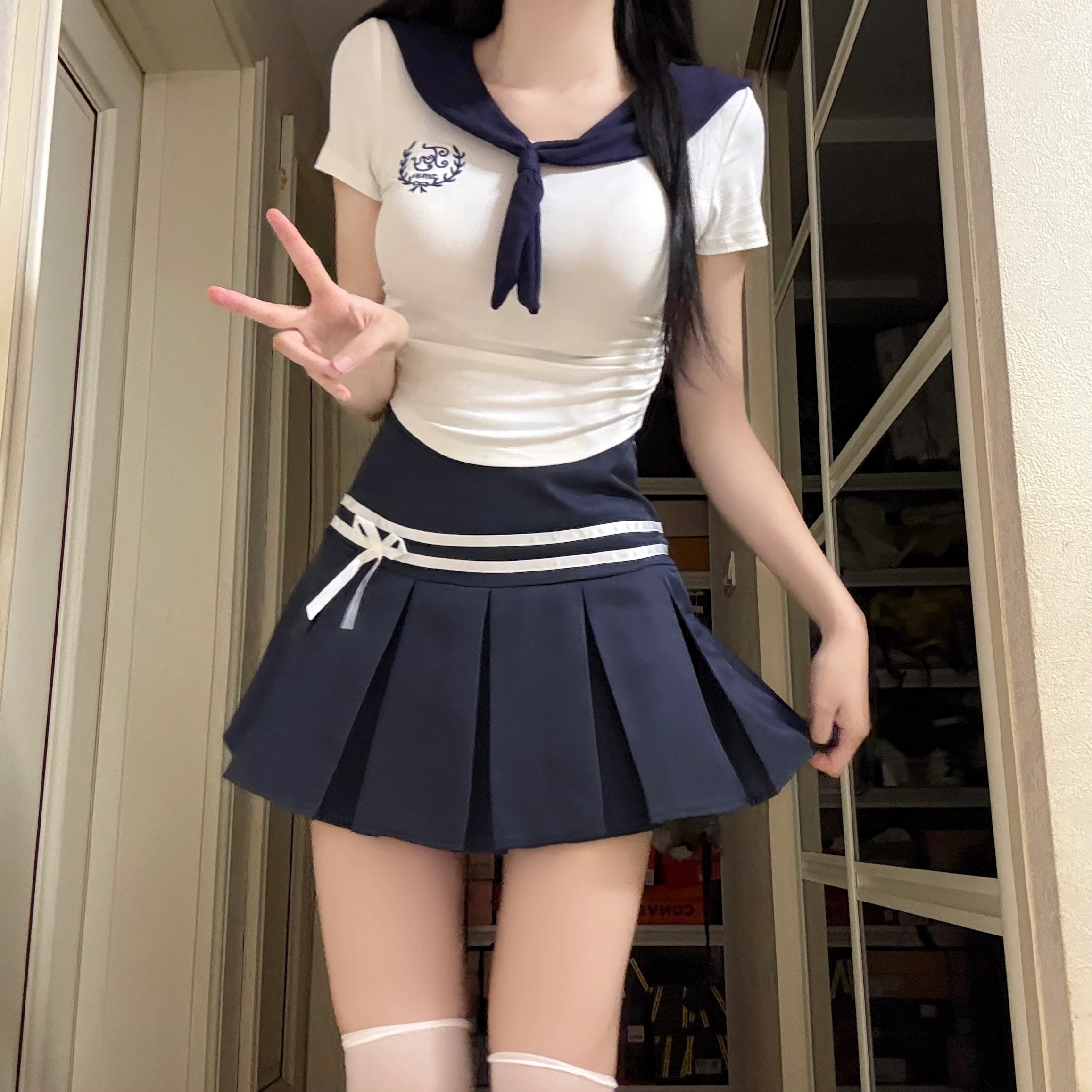 花山家的猫 学院风海军领刺绣短袖配高腰条纹裙制服 女款 藏青领白上衣/藏青百褶裙