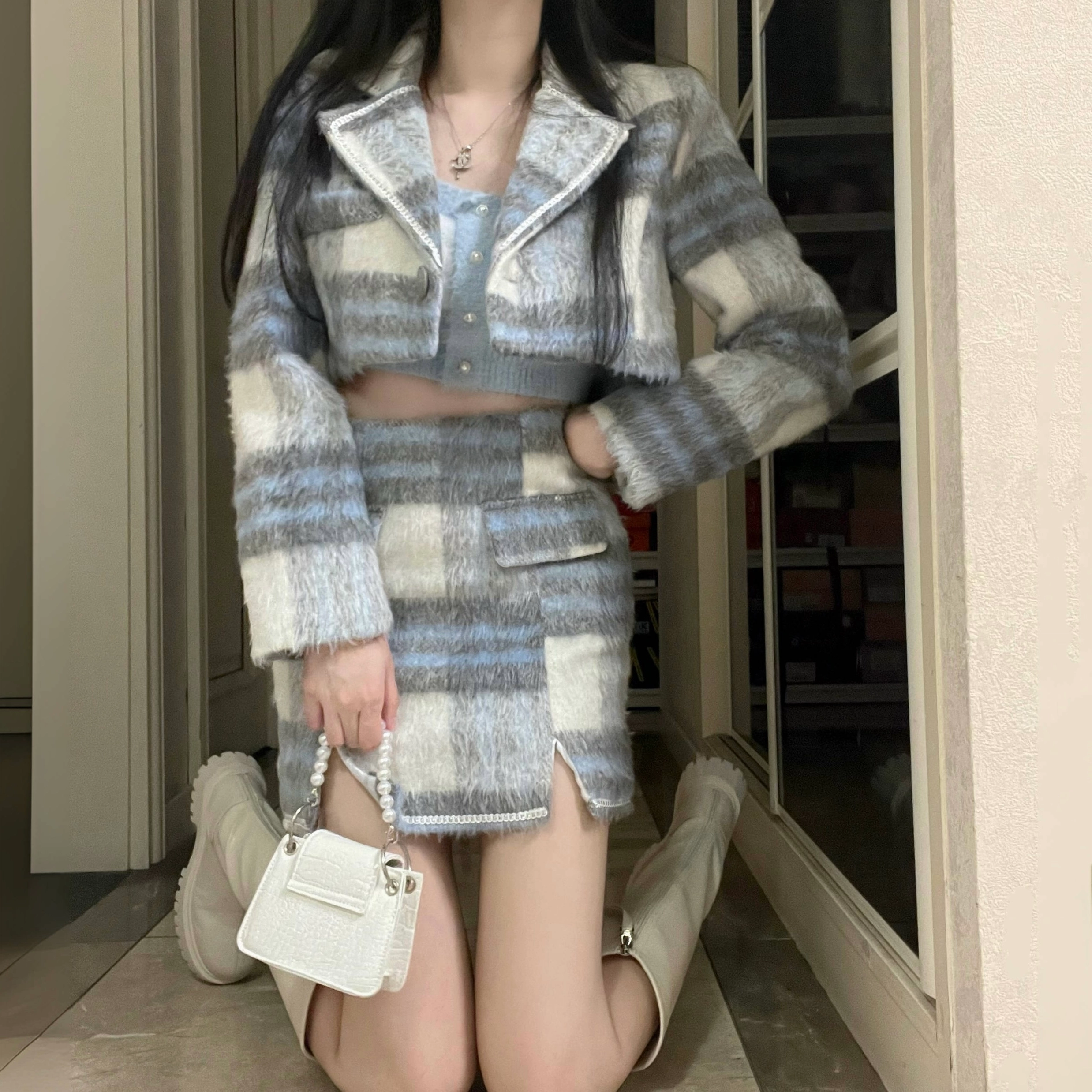 花山家的猫 小香风毛呢格子长袖外套格子短裙制服 女款