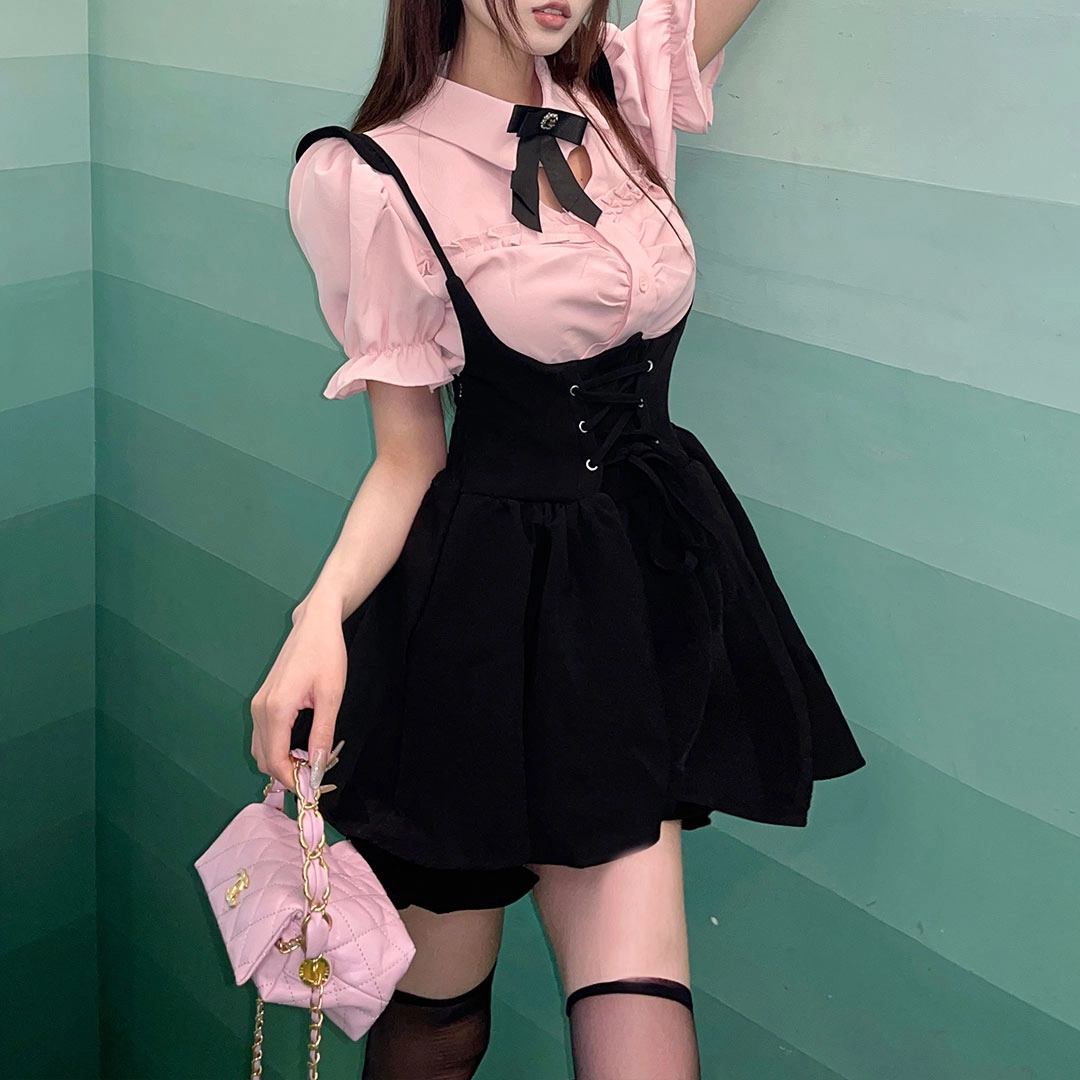 花山家的猫 纯色圆领超短款背带裙高腰修身泡泡短袖衬衫制服套装 女款