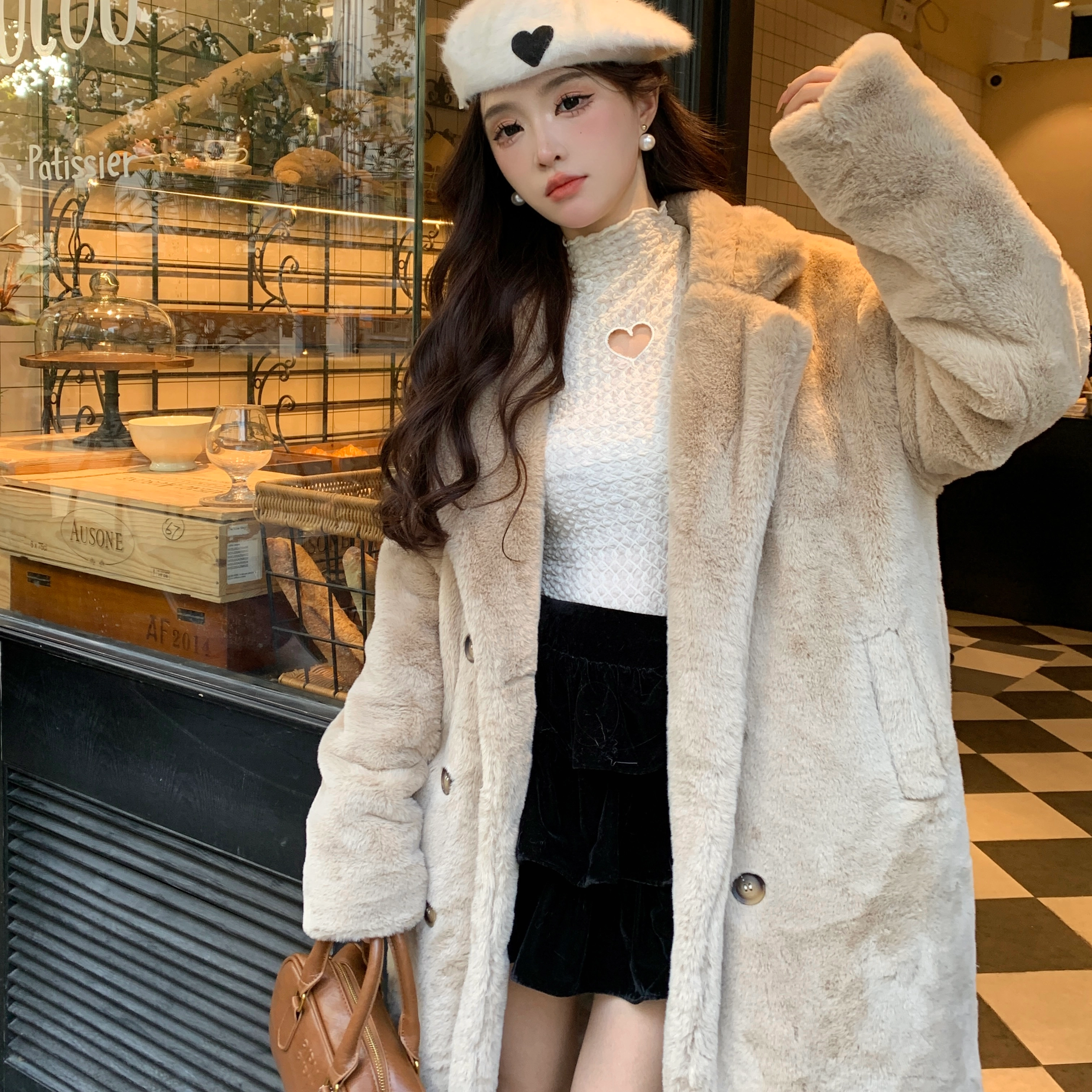 花山家的猫 学院风双排扣纯色大衣 女款 白色