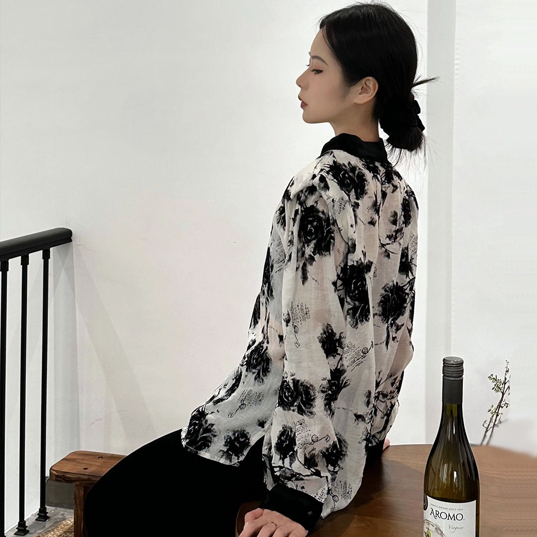 花山家的猫 花卉印花宽松立领长袖衬衫 女款 白色