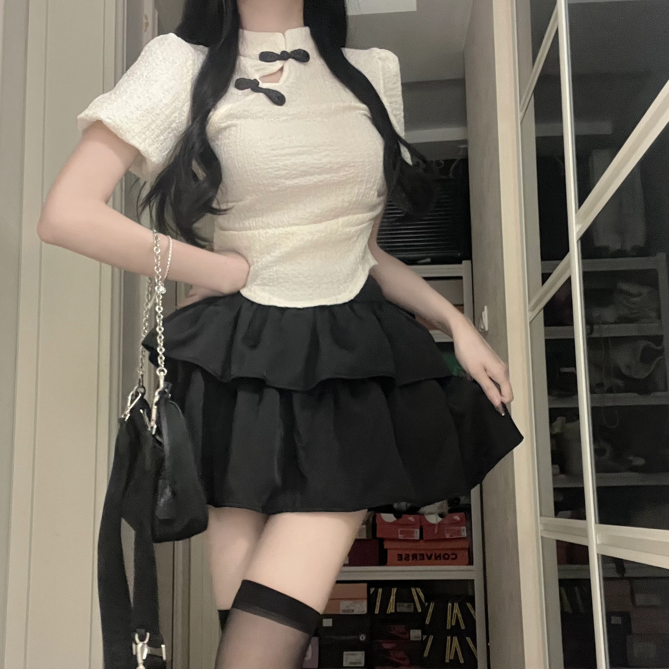 花山家的猫 纯色新中式泡泡袖衬衫配高腰荷叶裙制服套装 女款