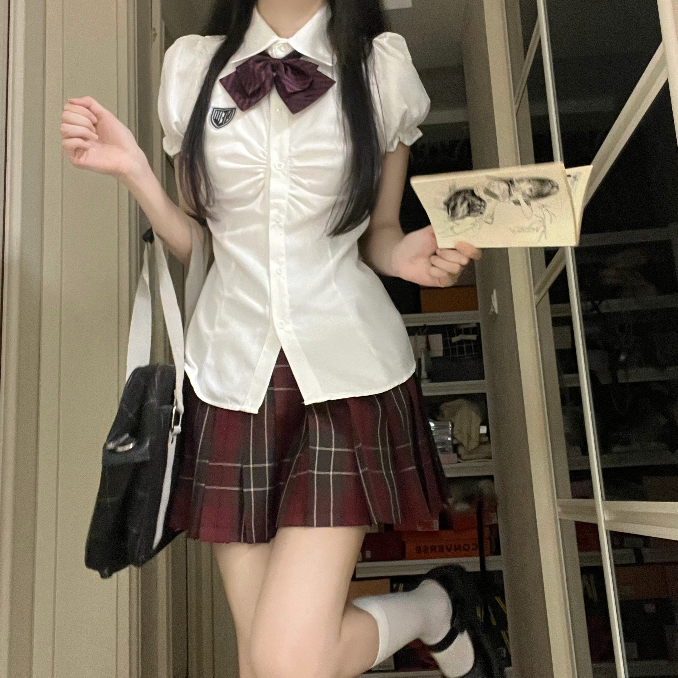 花山家的猫 学院风毕业装尖领泡泡袖收腰短袖衬衫百褶裙带领结制服 女款