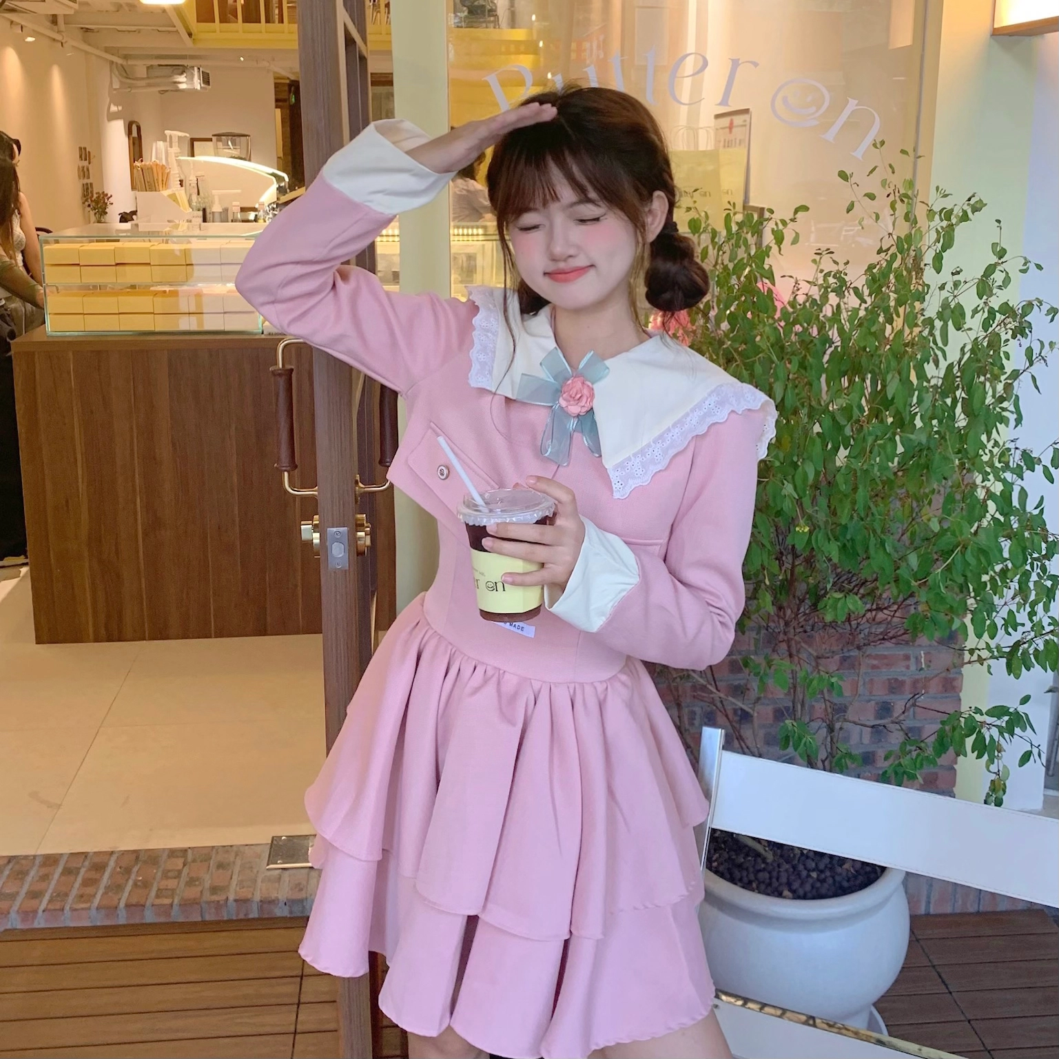 花山家的猫 拼色娃娃领单排扣短款外套收腰吊带连衣裙制服 女款 粉红色