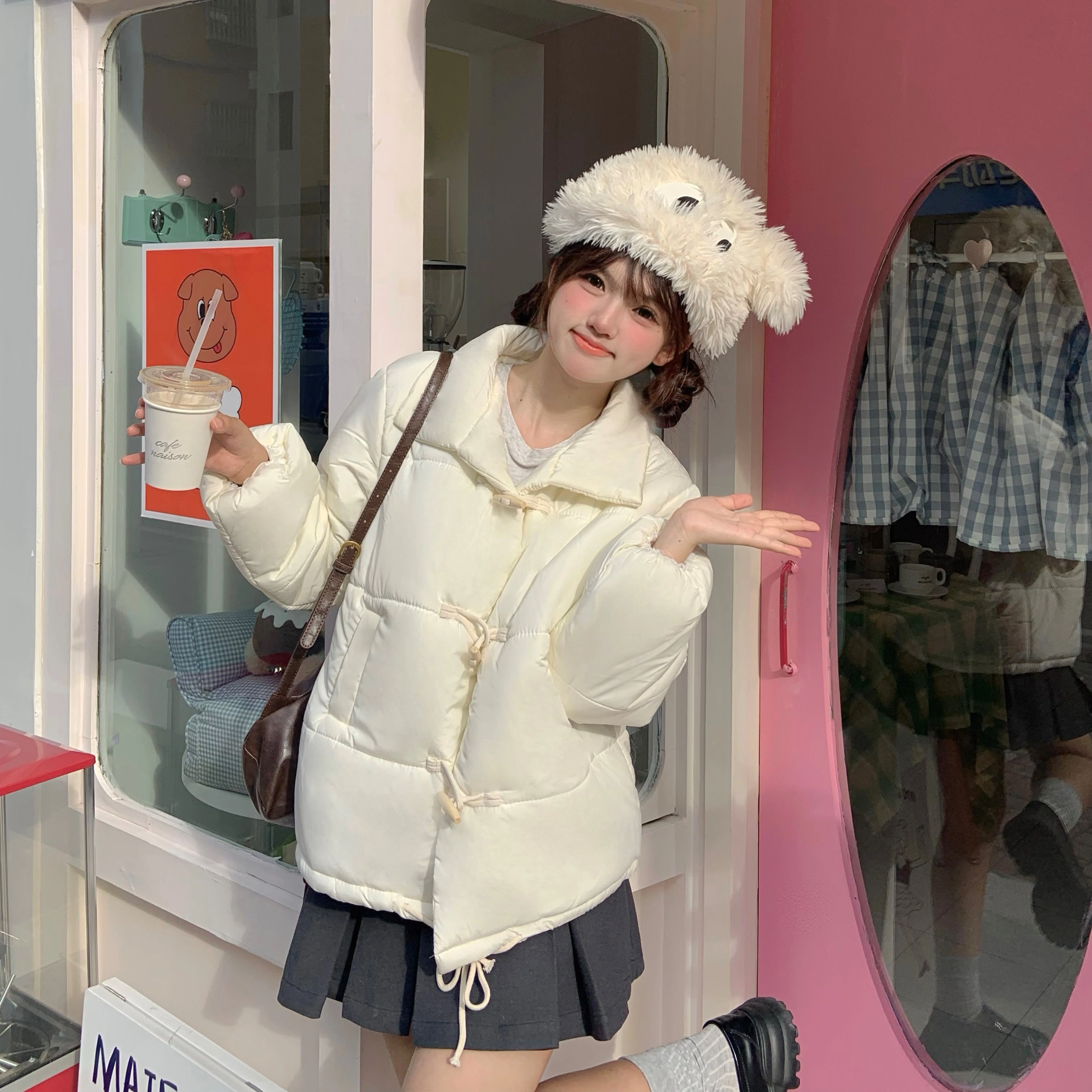 花山家的猫 纯色加厚短款牛角扣棉服高腰百褶短裙制服 女款