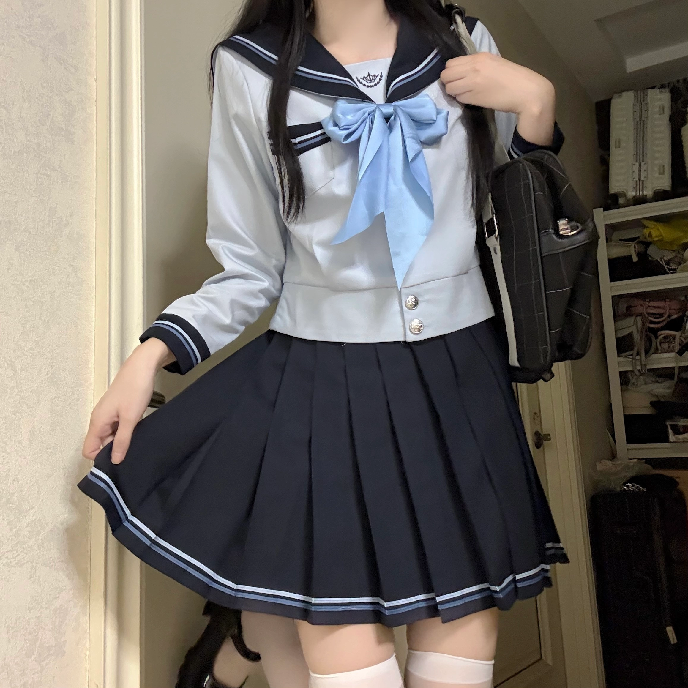 花山家的猫 海军领长袖水手服上衣百褶裙配领结制服 女款