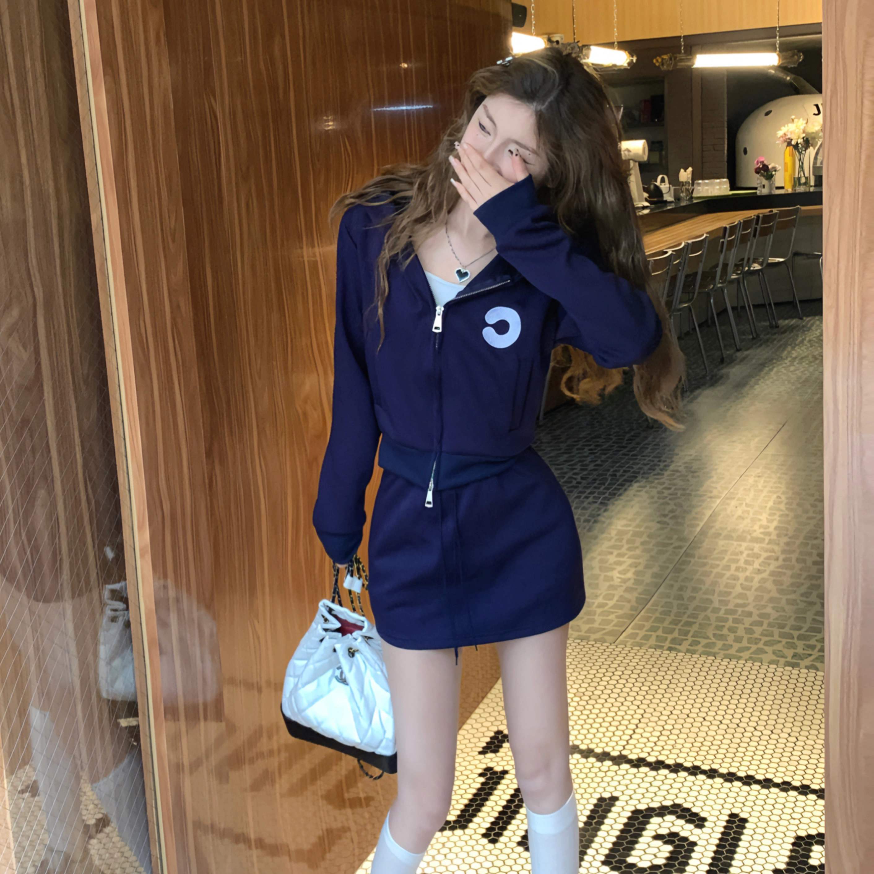 花山家的猫 美式卫衣休闲半身裙制服 女款 藏青色