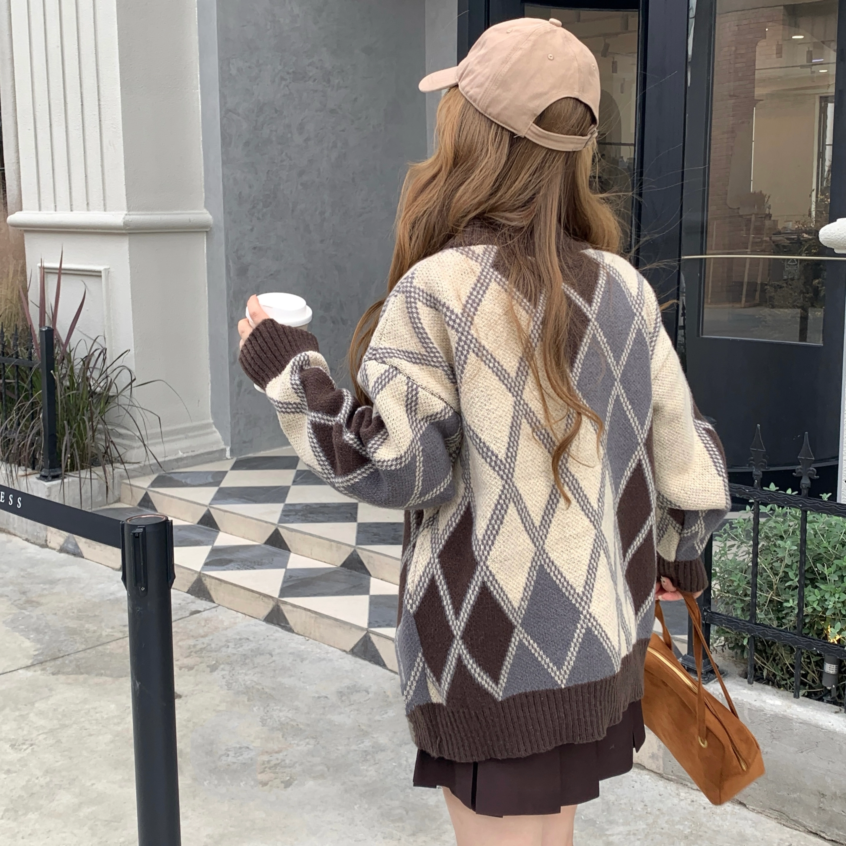 花山家的猫 排扣毛衣开衫长袖衬衫配格子领带制服 女款