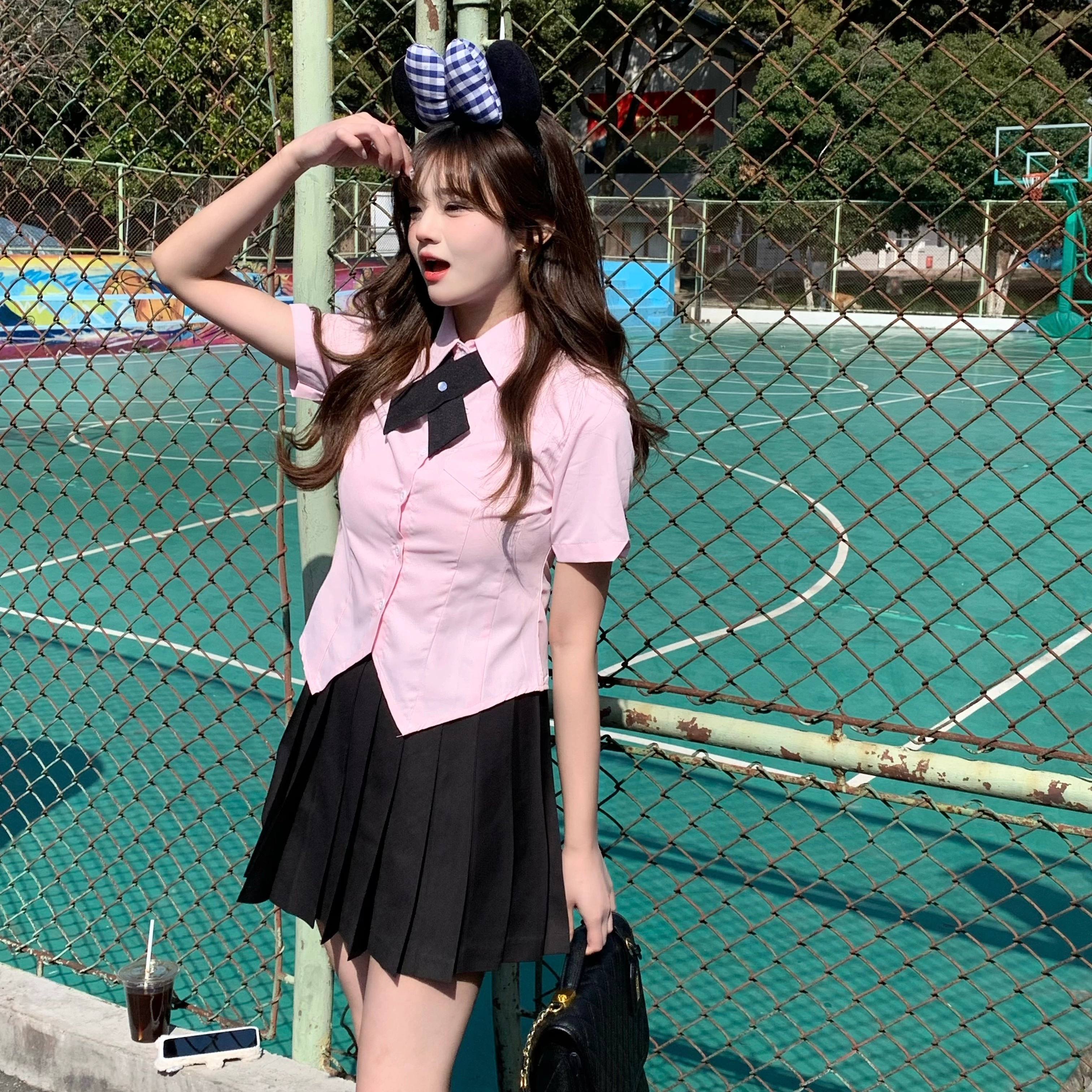 花山家的猫 纯色尖领不规则短袖衬衫百褶短裙制服 女款