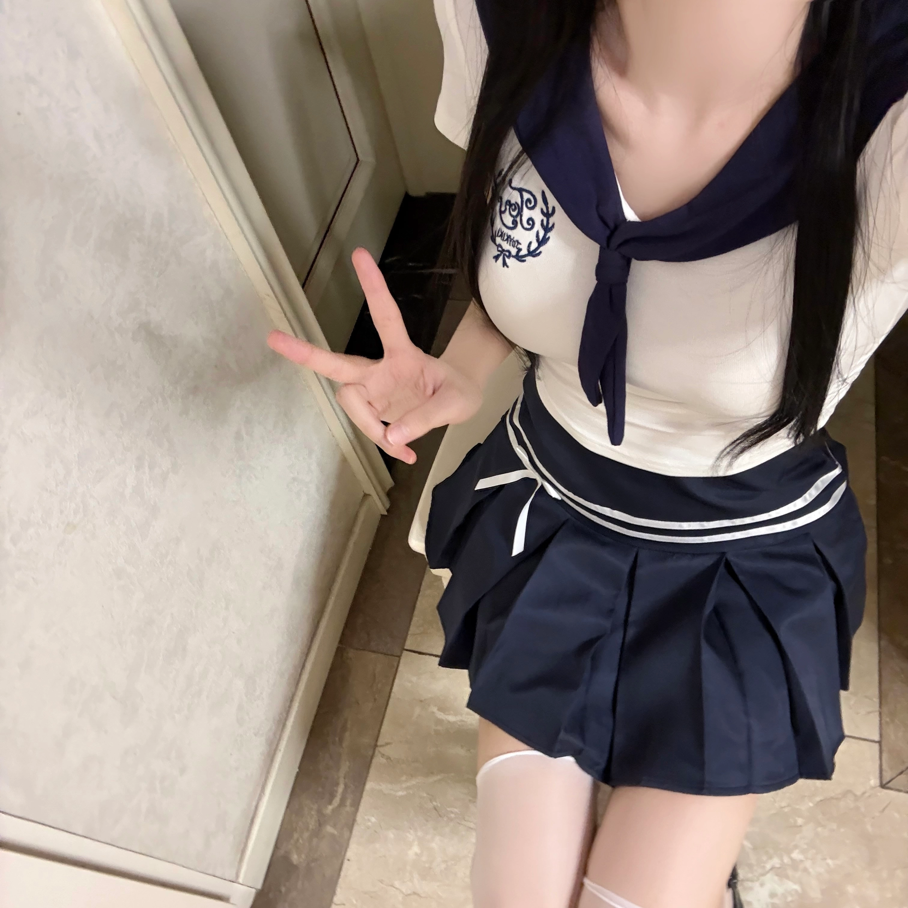 花山家的猫 学院风海军领刺绣短袖配高腰条纹裙制服 女款 藏青领白上衣/藏青百褶裙