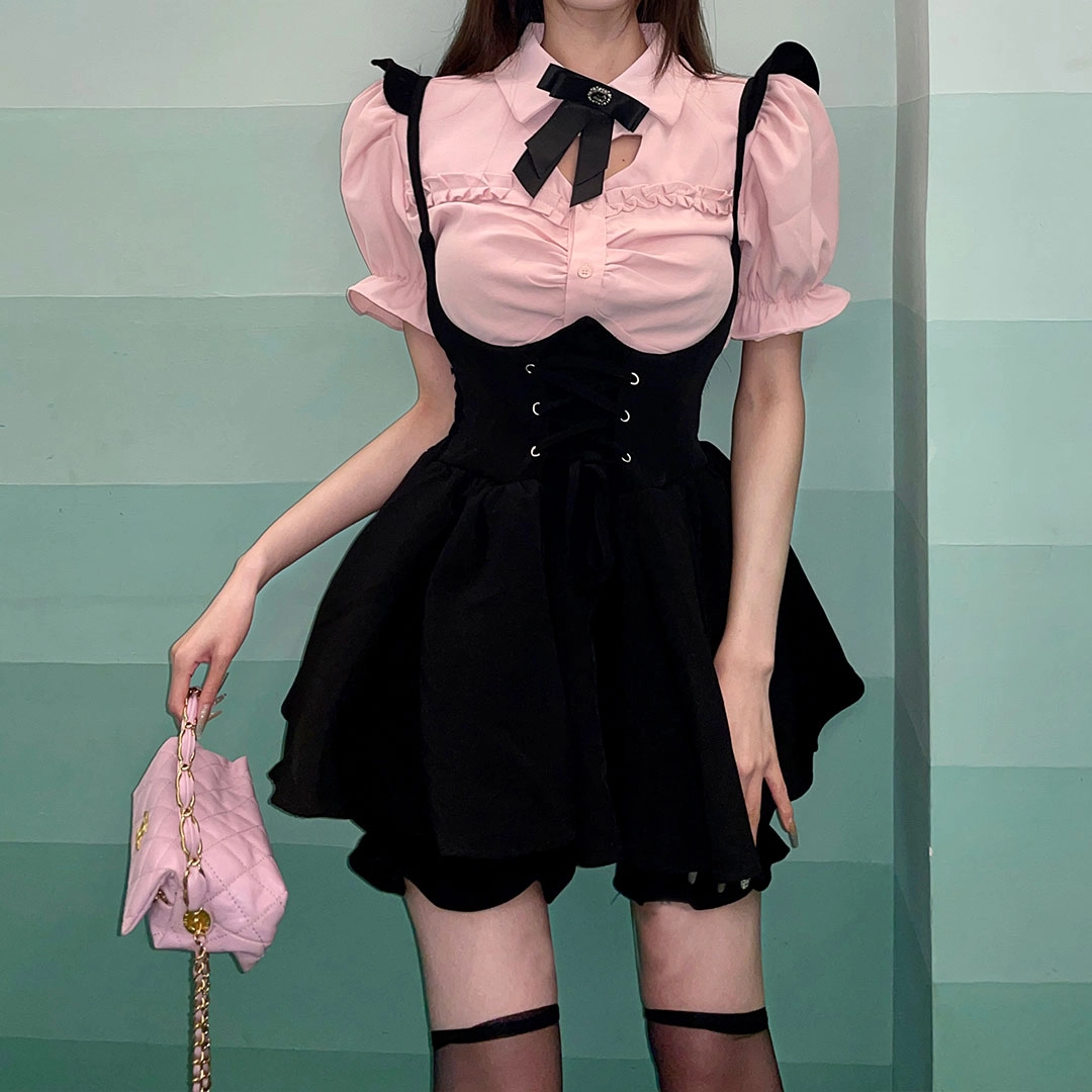 花山家的猫 纯色圆领超短款背带裙高腰修身泡泡短袖衬衫制服套装 女款
