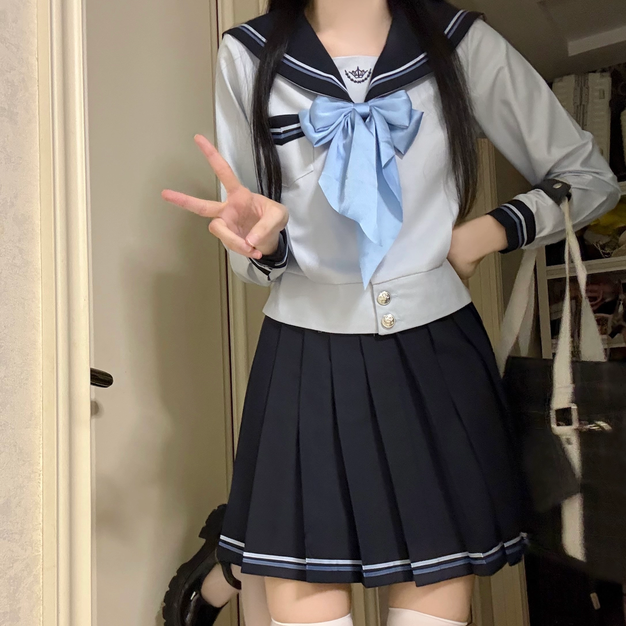 花山家的猫 海军领长袖水手服上衣百褶裙配领结制服 女款
