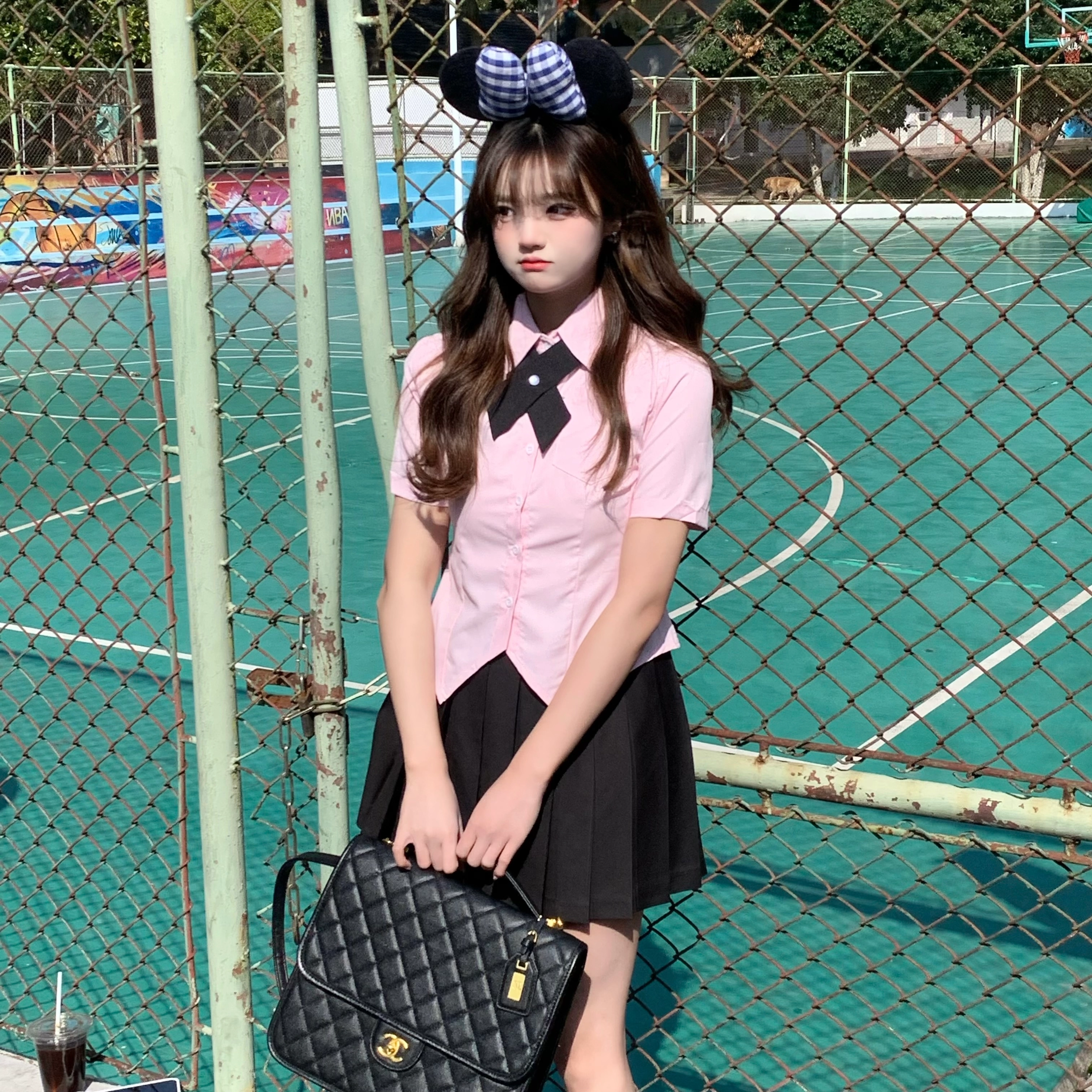 花山家的猫 纯色尖领不规则短袖衬衫百褶短裙制服 女款