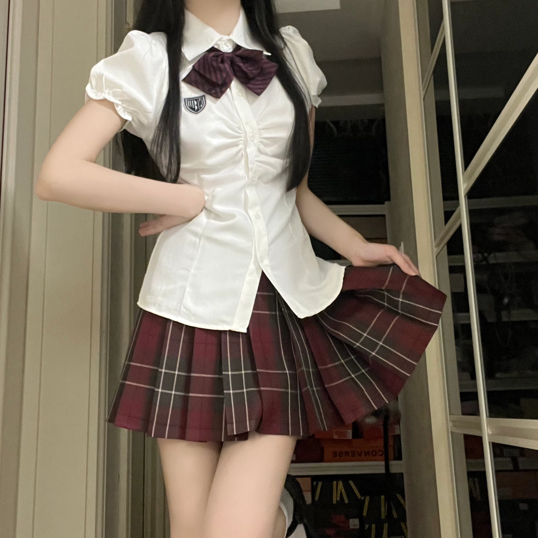 花山家的猫 学院风毕业装尖领泡泡袖收腰短袖衬衫百褶裙带领结制服 女款
