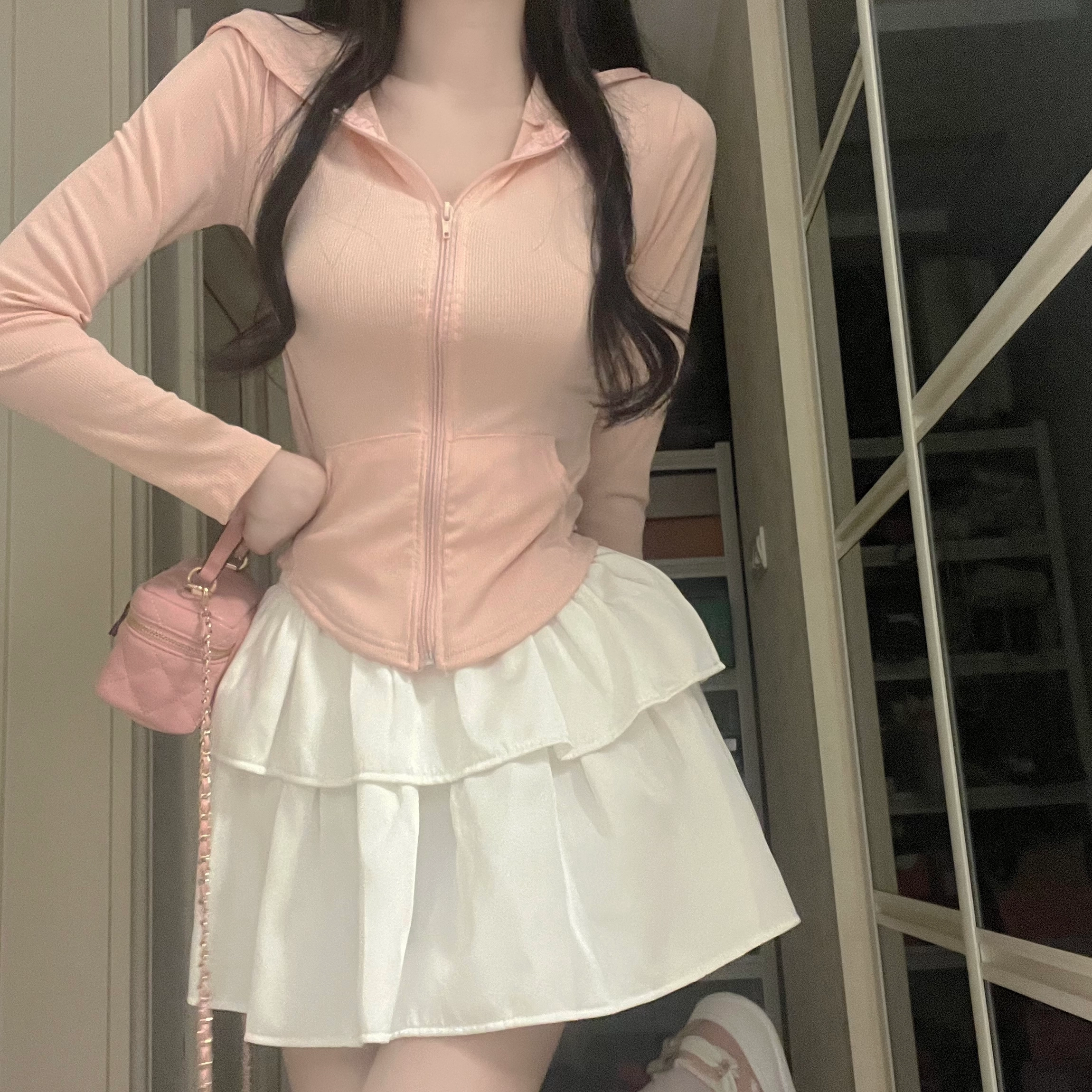 花山家的猫 纯色长袖连帽上衣高腰荷叶裙制服套装 女款