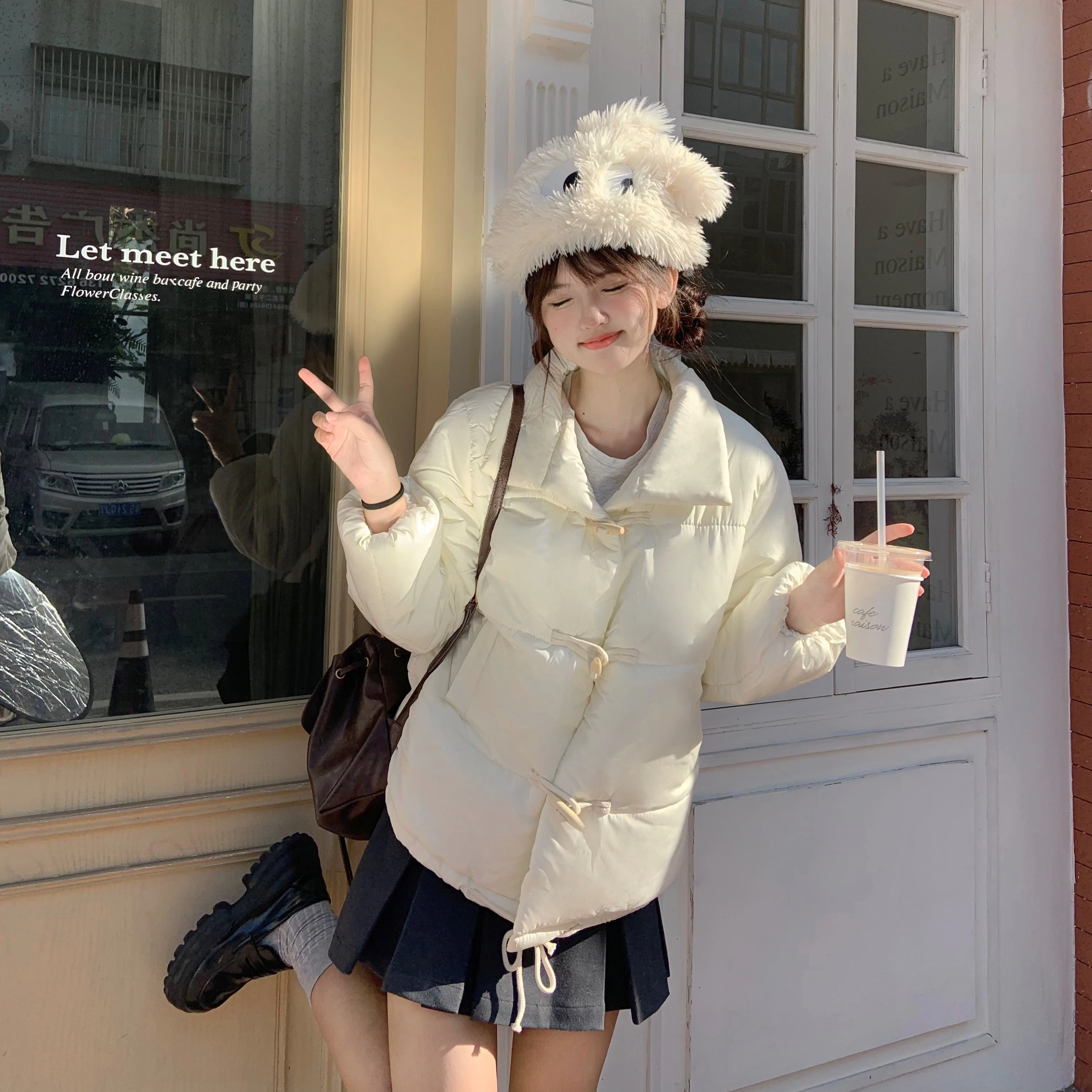 花山家的猫 纯色加厚短款牛角扣棉服高腰百褶短裙制服 女款