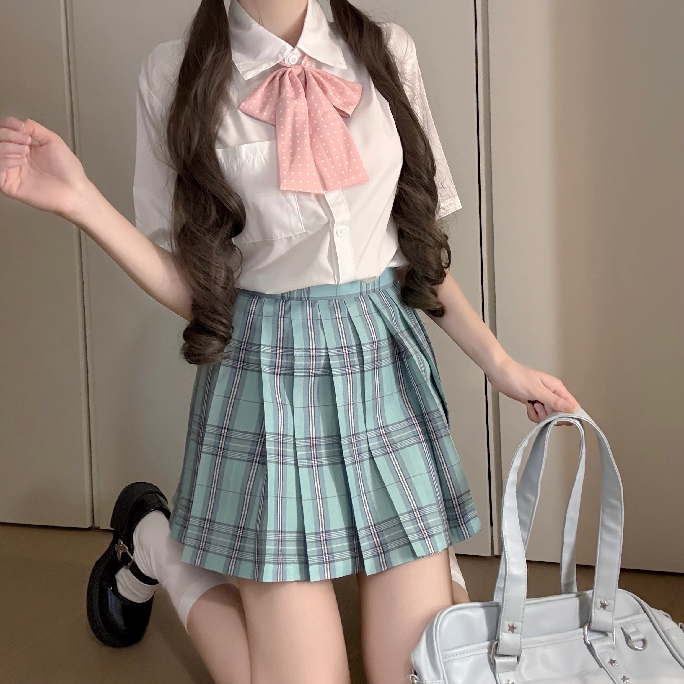 花山家的猫 校供甜美纯欲学姐口袋短袖衬衫百褶裙制服 女款