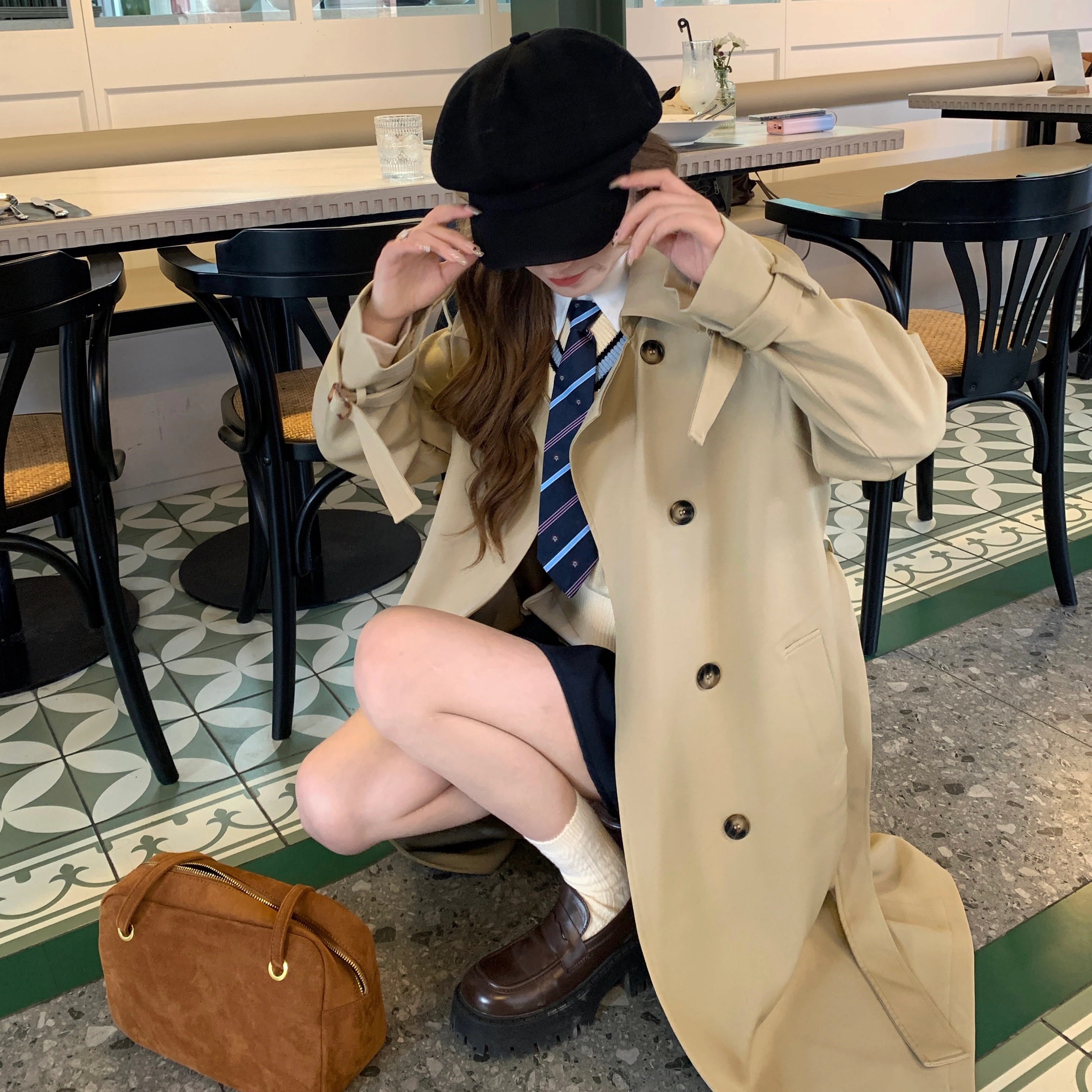 花山家的猫 双排扣纯色大衣 女款 卡其色