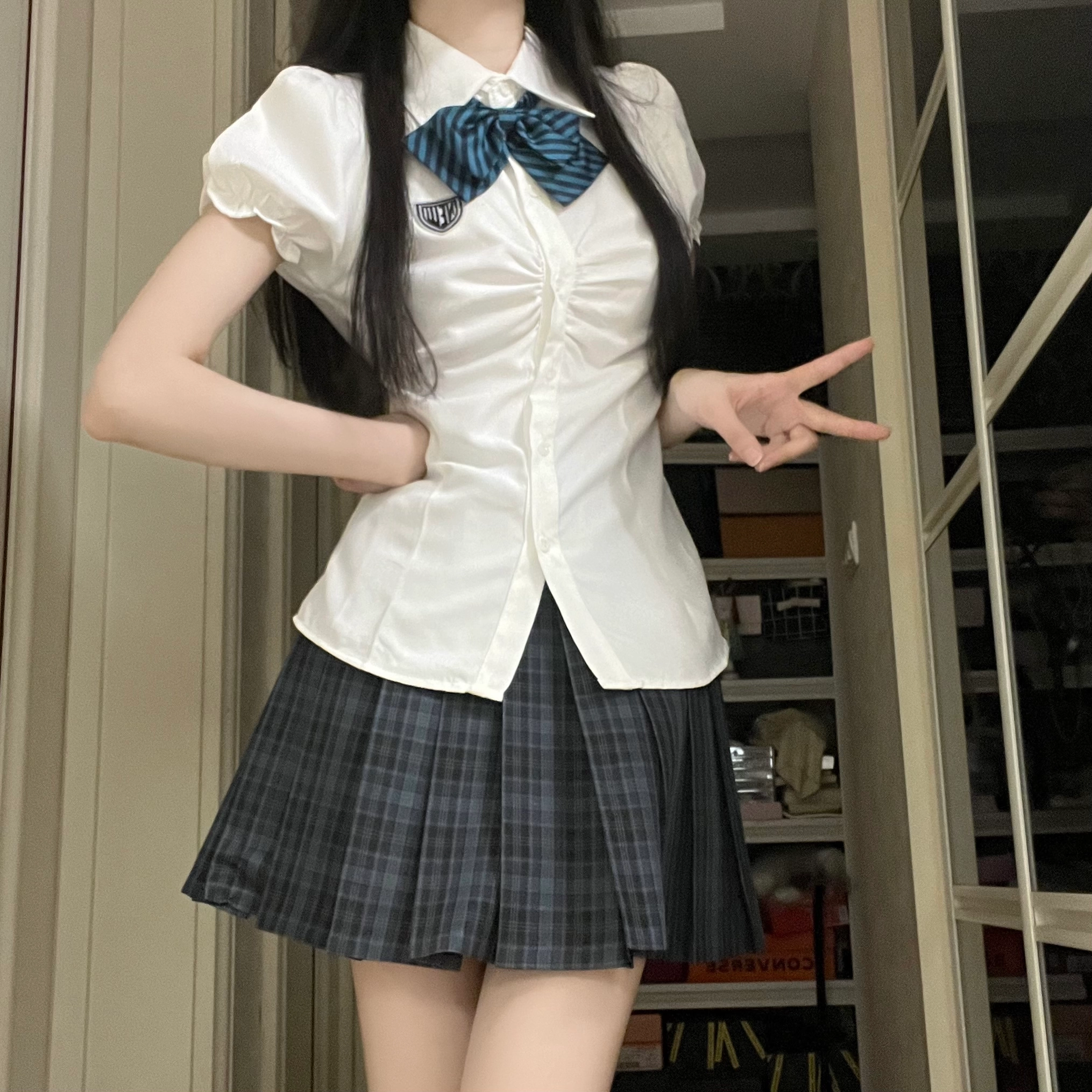 花山家的猫 学院风毕业装尖领泡泡袖收腰短袖衬衫百褶裙带领结制服 女款