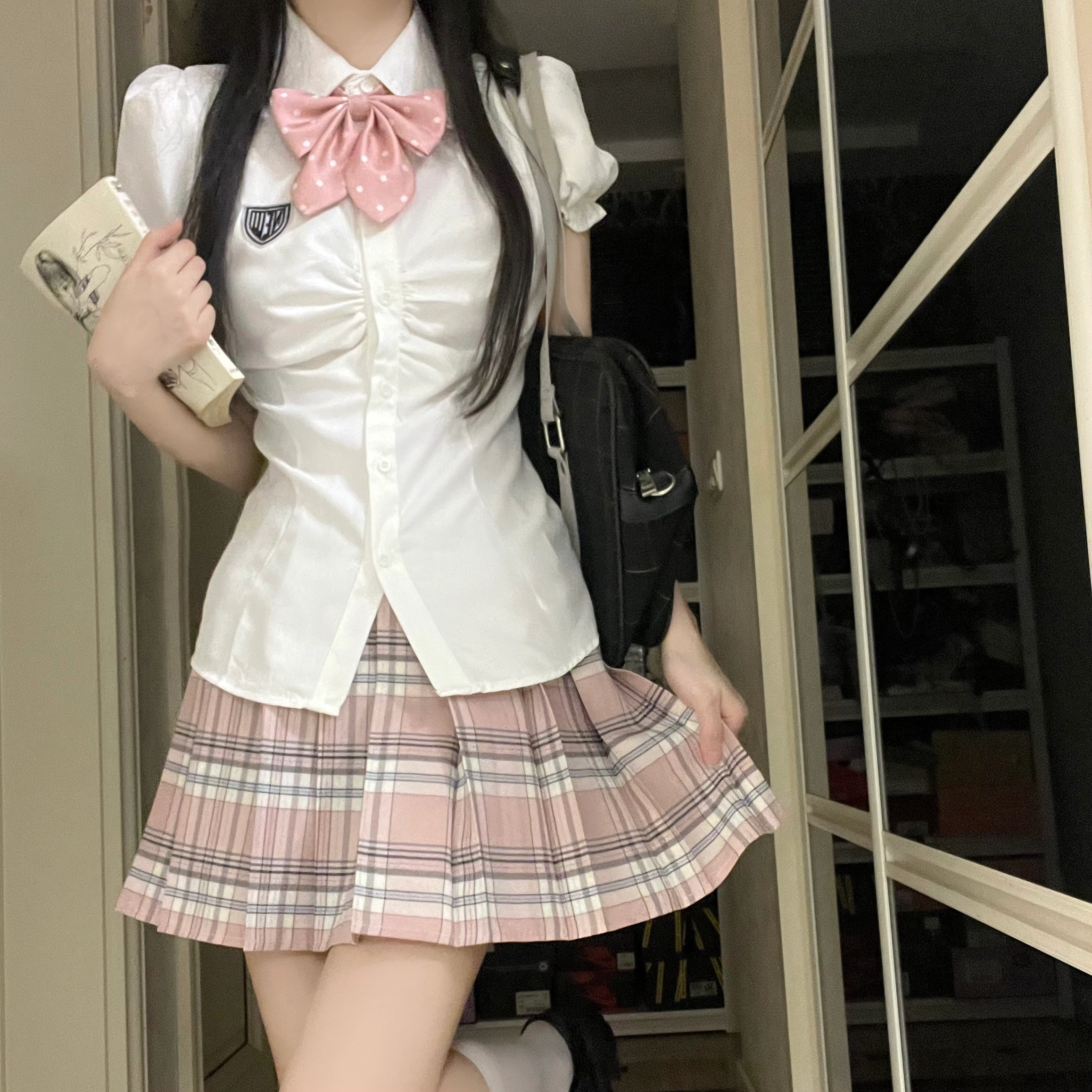 花山家的猫 学院风毕业装尖领泡泡袖收腰短袖衬衫百褶裙带领结制服 女款