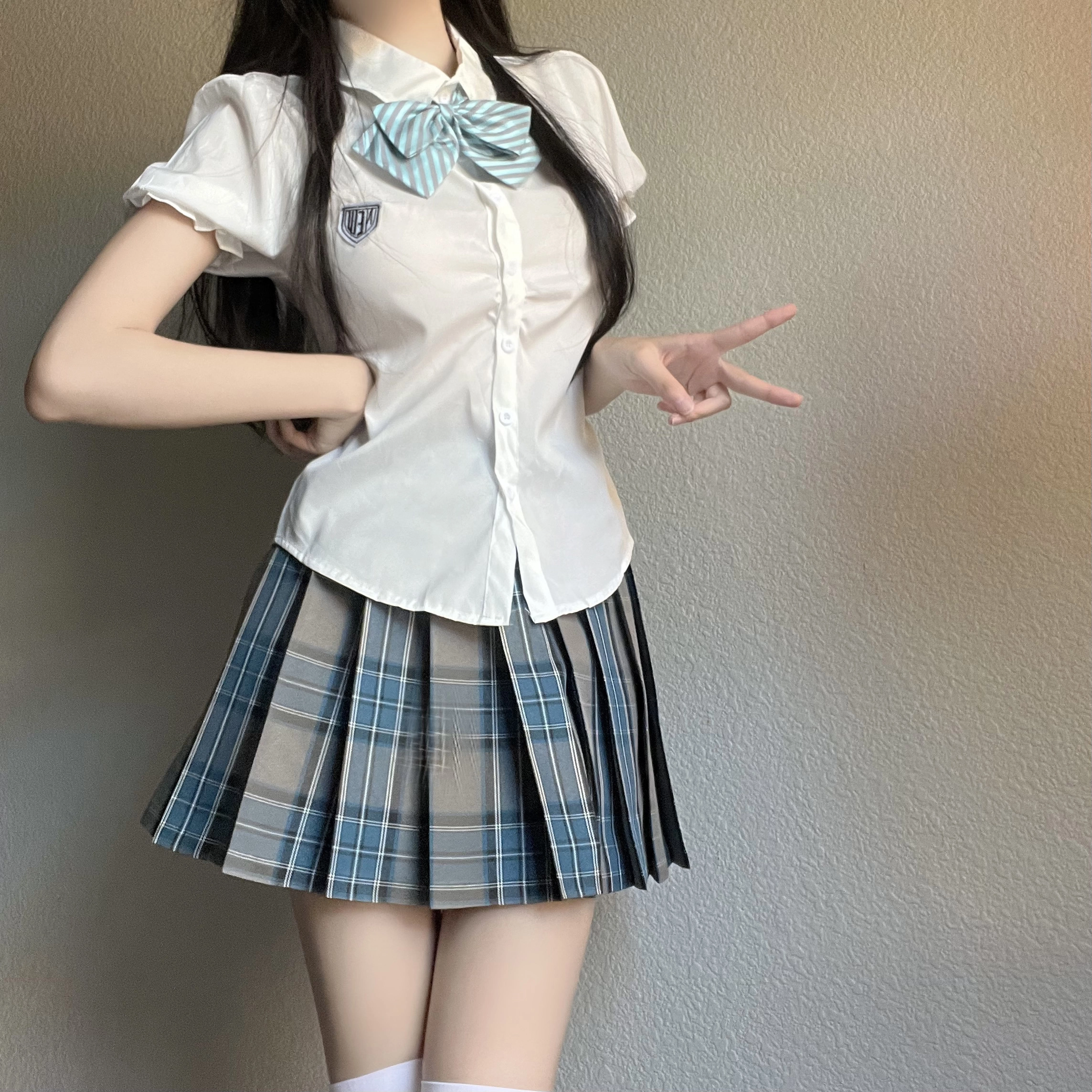 花山家的猫 泡泡袖收腰领结短袖衬衫制服 女款