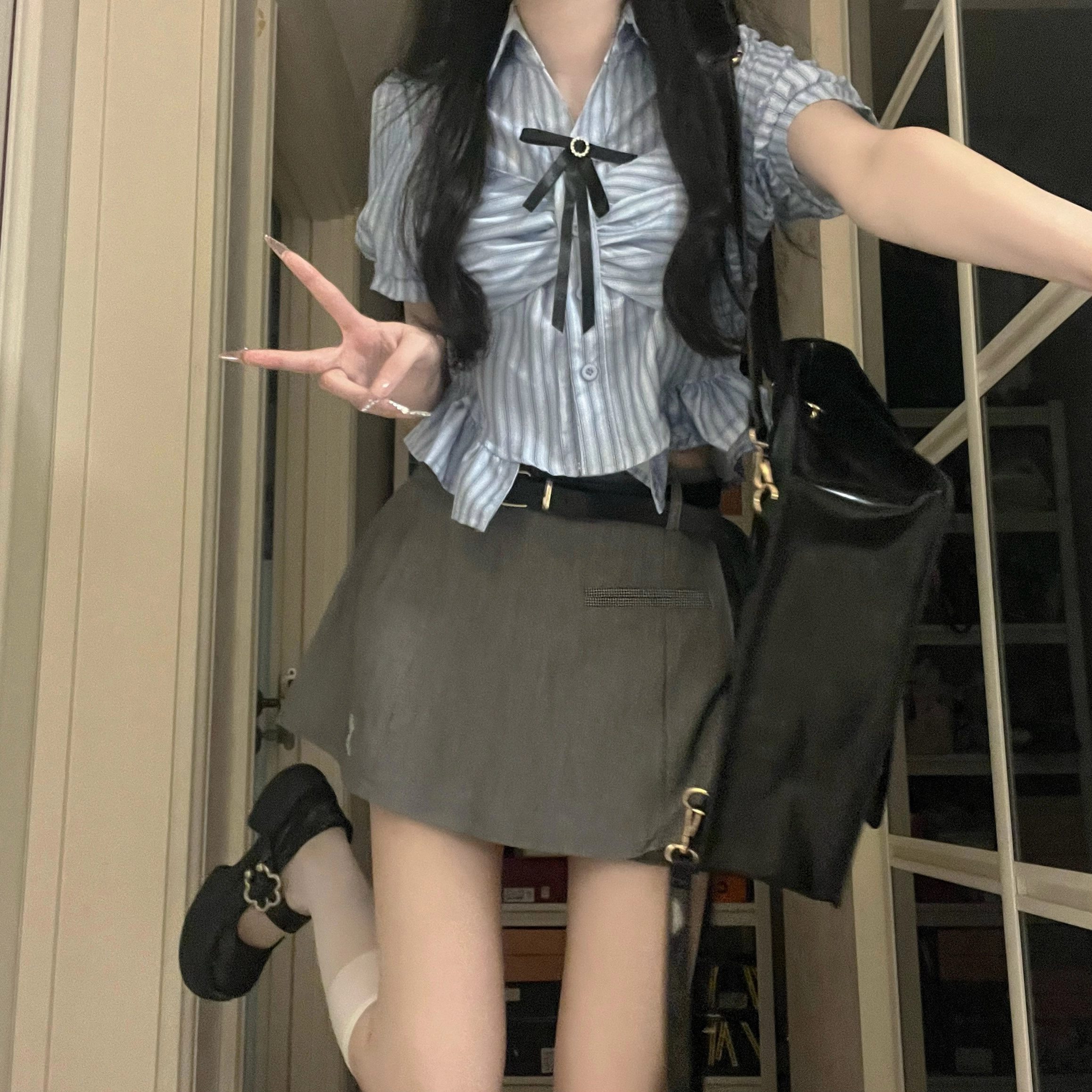 花山家的猫 条纹尖领泡泡袖制服上装 女款 天蓝色